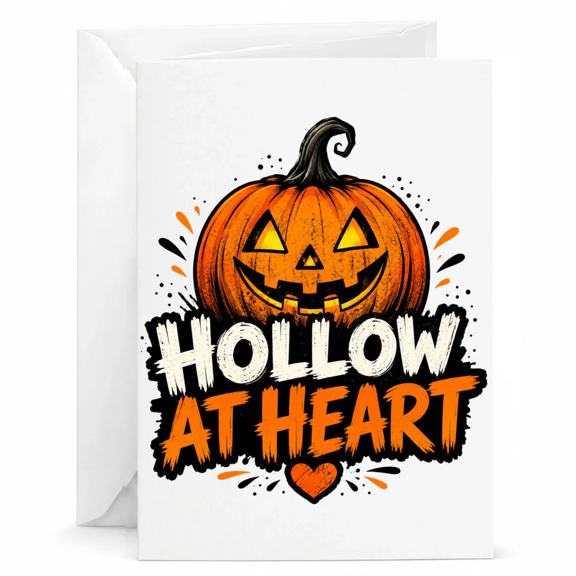Funny Halloween Greeting Card Hollow at Heart Pun Pumpkin Graphic Folded Note with Matching White Envelope