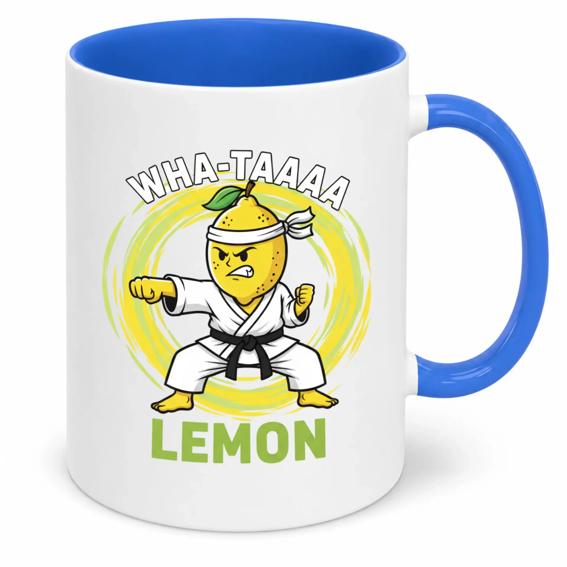 Funny Martial Arts Lemon Character Coffee Mug Ceramic Drinkware for Kitchen Home Office Blue Handle White Interior Design Novelty Beverage Cup Gift