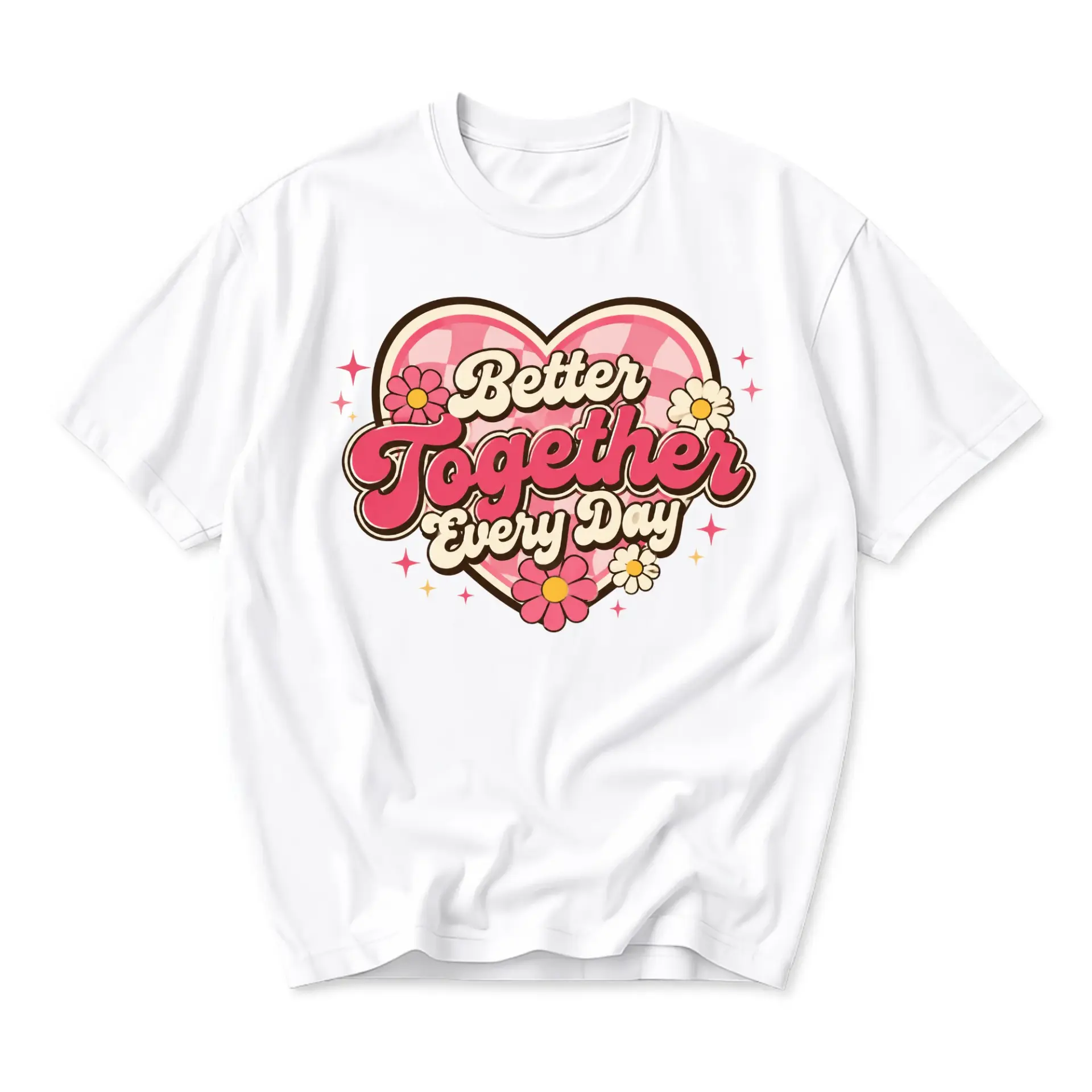 Graphic Tee Better Together Every Day Retro Heart Flower Print Unisex Cotton Crew Neck Casual Short Sleeve Shirt