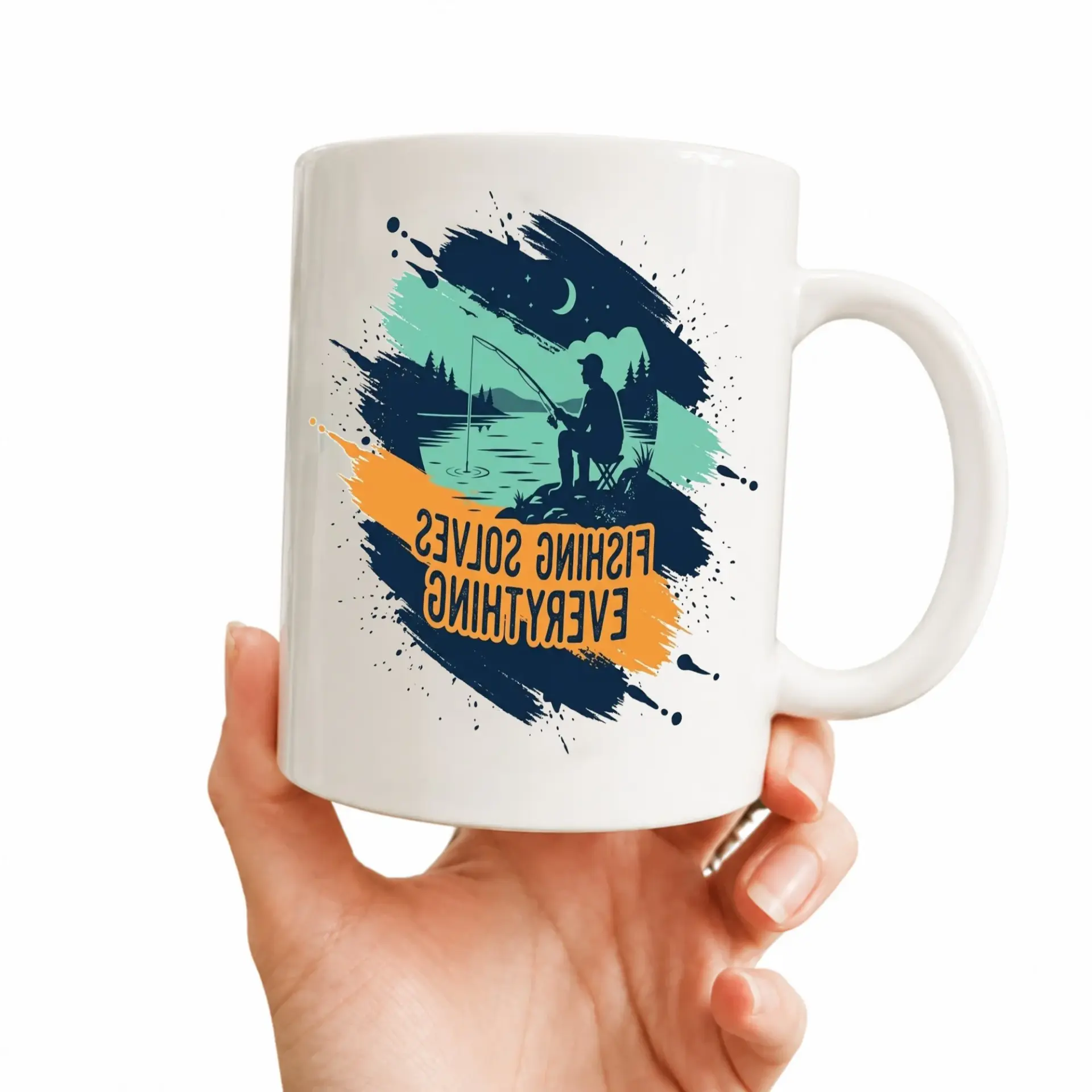 Fishing Solves Everything Two Ceramic Mug for Outdoor Enthusiasts and Anglers Blue Interior Handle Coffee Cup