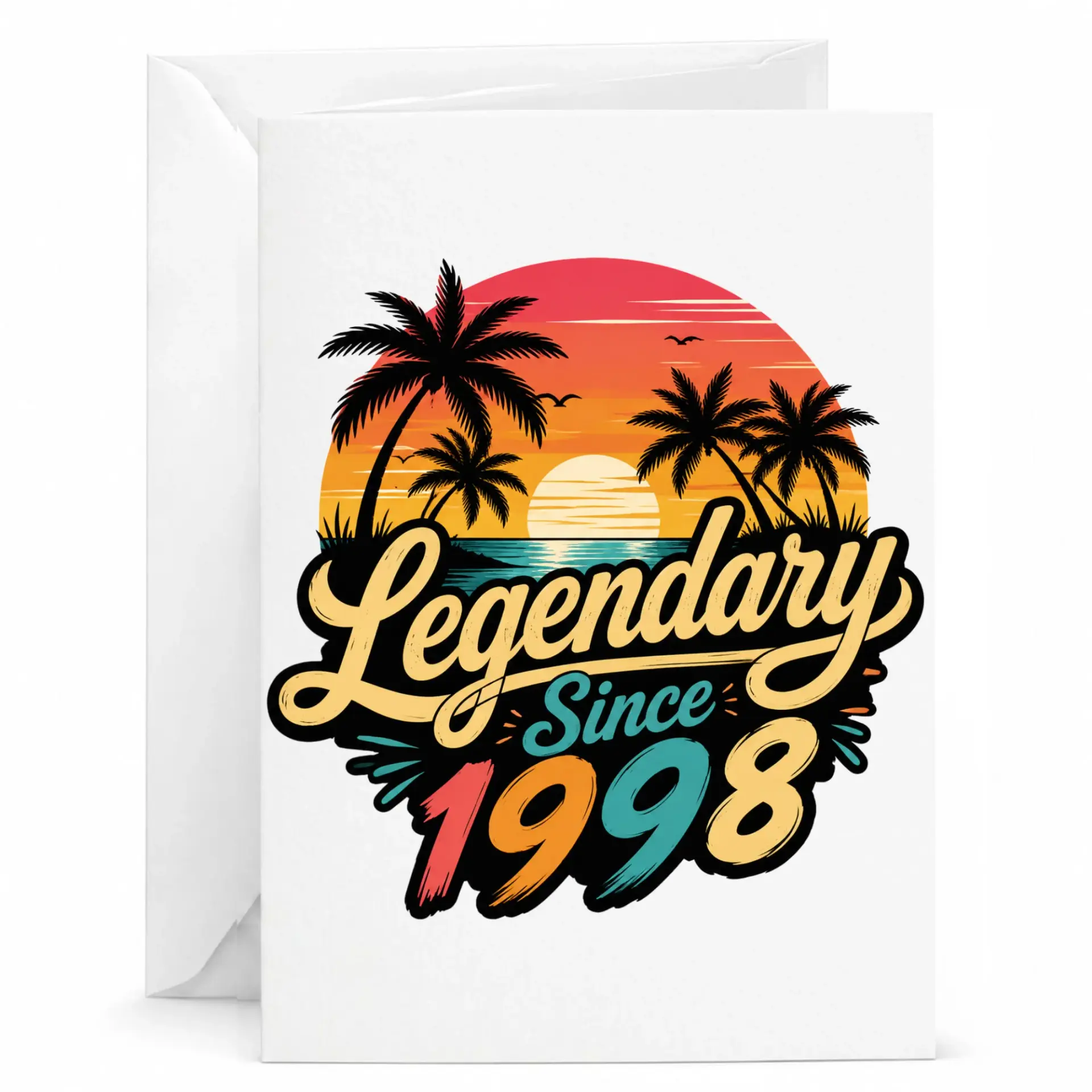 Legendary Since 1998 Greeting Card Retro Tropical Sunset Design for Birthday Celebrations and Milestone Anniversaries