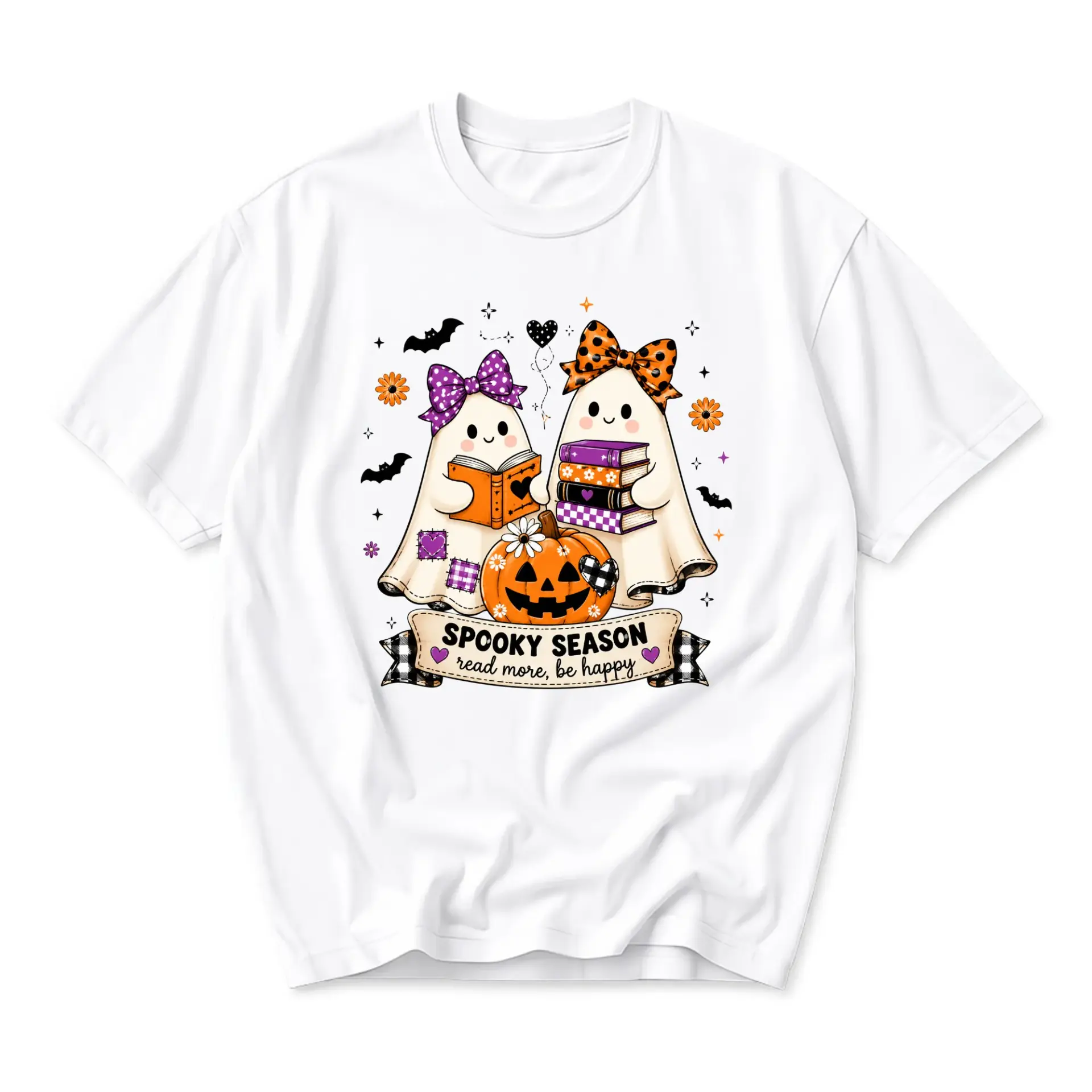 Graphic Tee Spooky Season Read More Be Happy Design Unisex Crew Neck Soft Cotton Casual Fall Autumn Theme Shirt Top