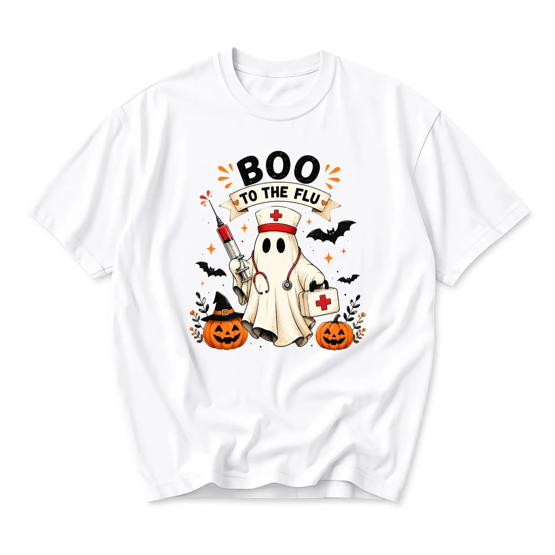 Funny Shirt Boo to the Flu Ghost Nurse Halloween Graphic Tee Unisex Crew Neck Short Sleeve Cotton Casual Top Apparel