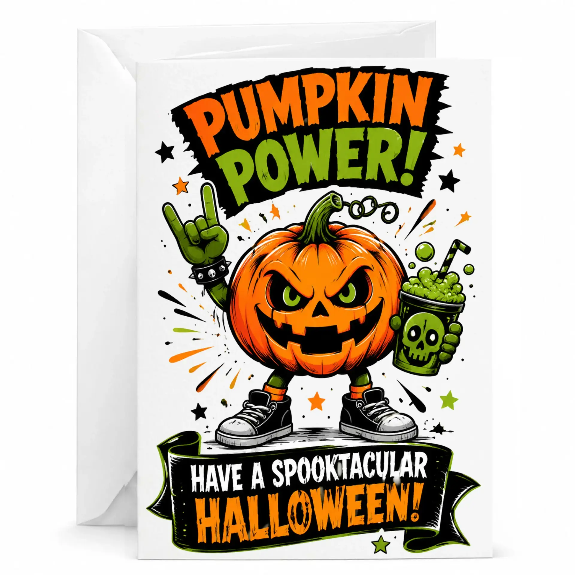 Funny Pumpkin Halloween Greeting Card Spooky Holiday Note with Rocker Character 5x7 Folded for Season