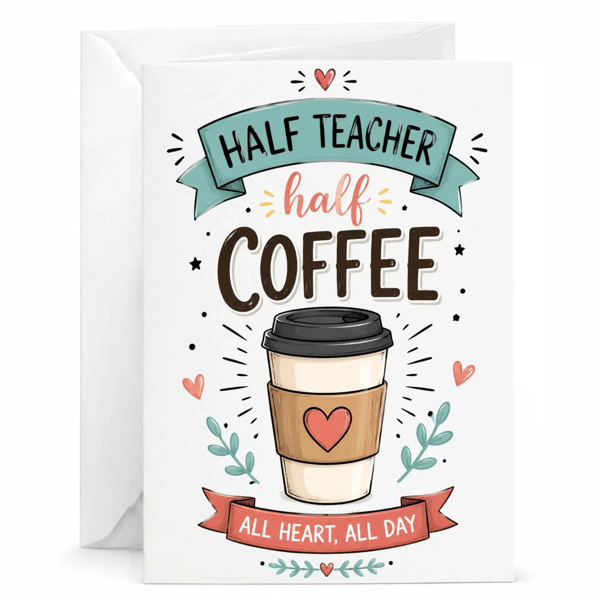 Funny Teacher Appreciation Greeting Card Coffee Lover Illustration for Educators Heartfelt Stationery