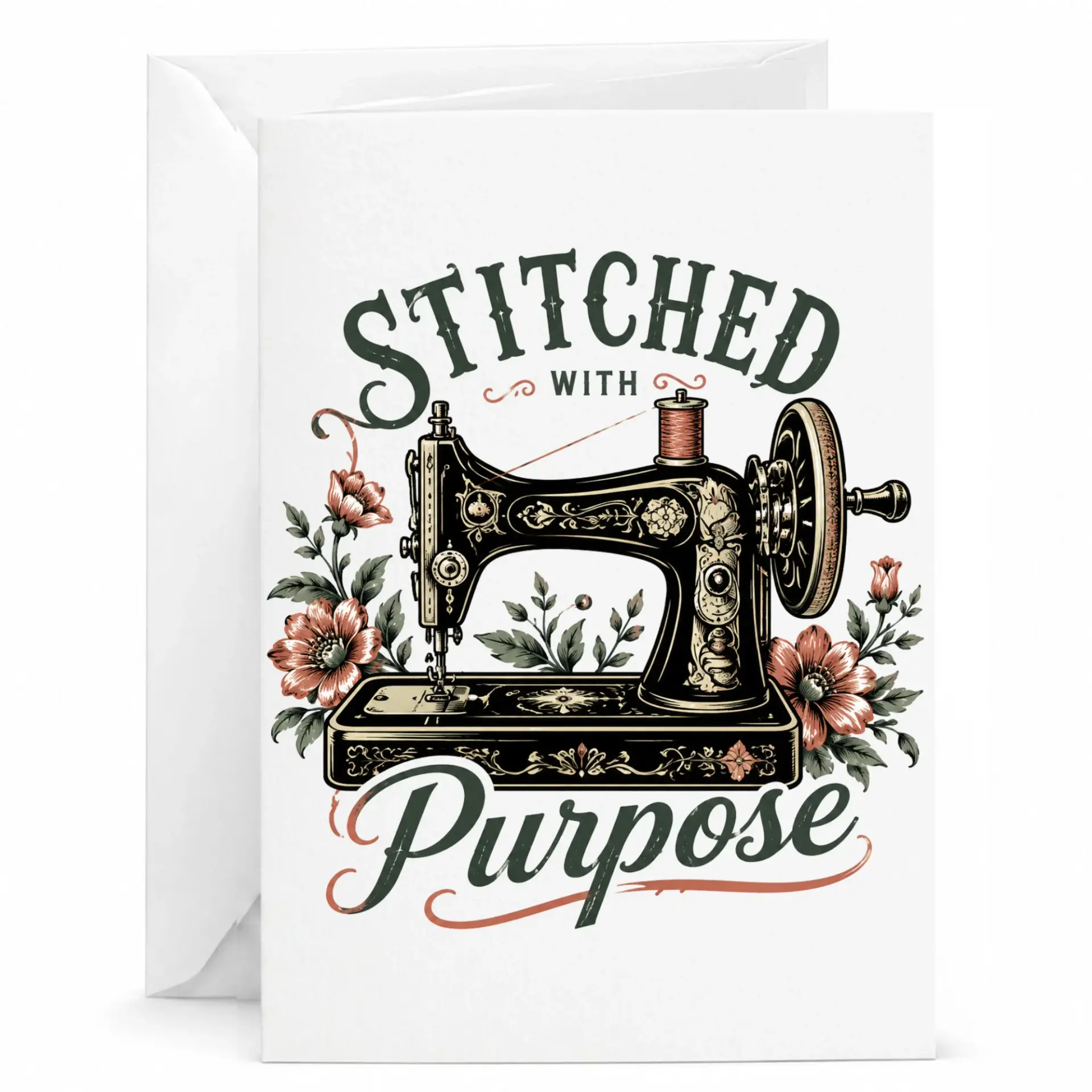 Greeting Card Stitched with Purpose Sewing Machine Design Vintage Floral Illustration Printed Note for Craft Enthusiasts