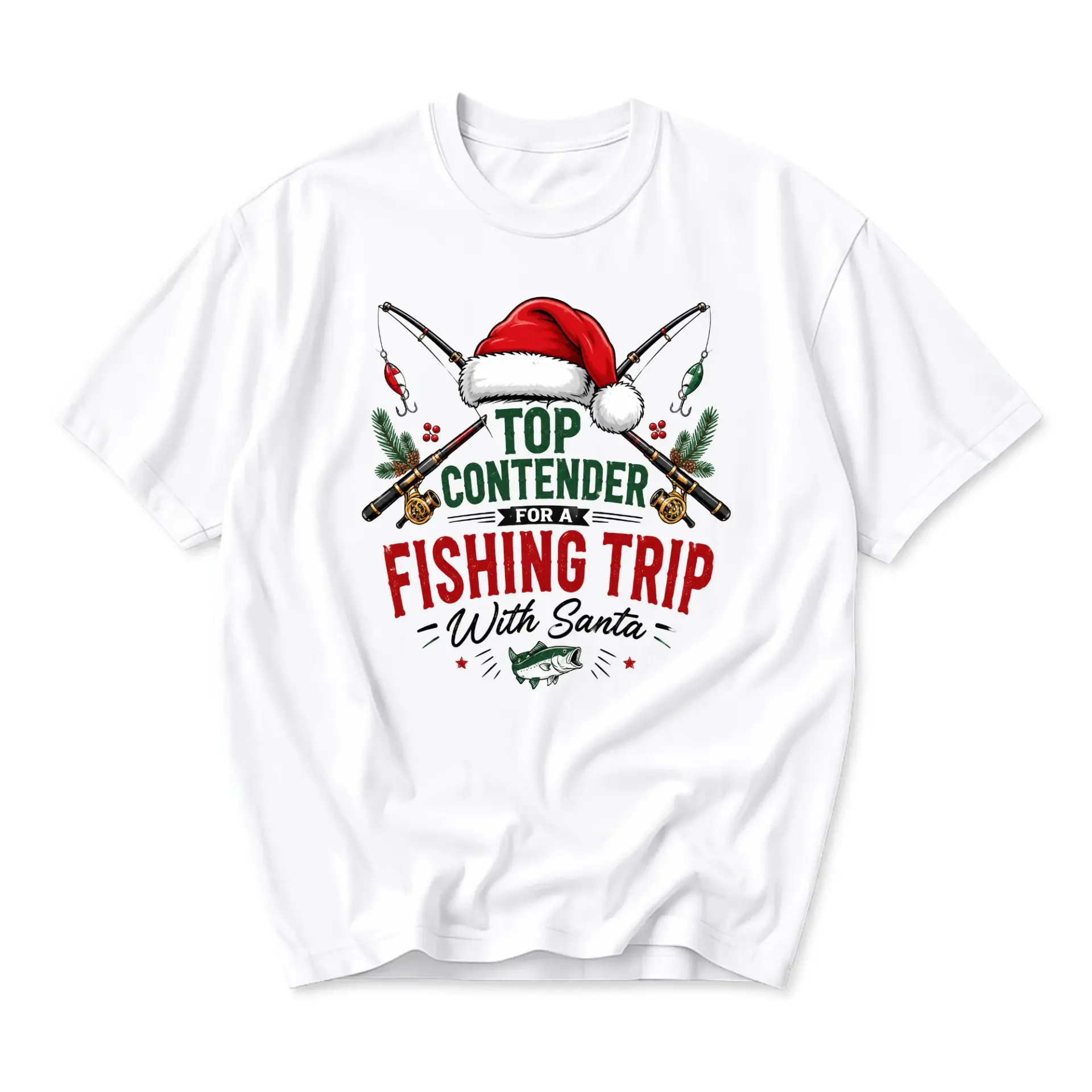 Funny Shirt Fishing Trip with Santa Graphic Tee Unisex Casual Crew Neck Holiday Sporty Fisherman Print Top