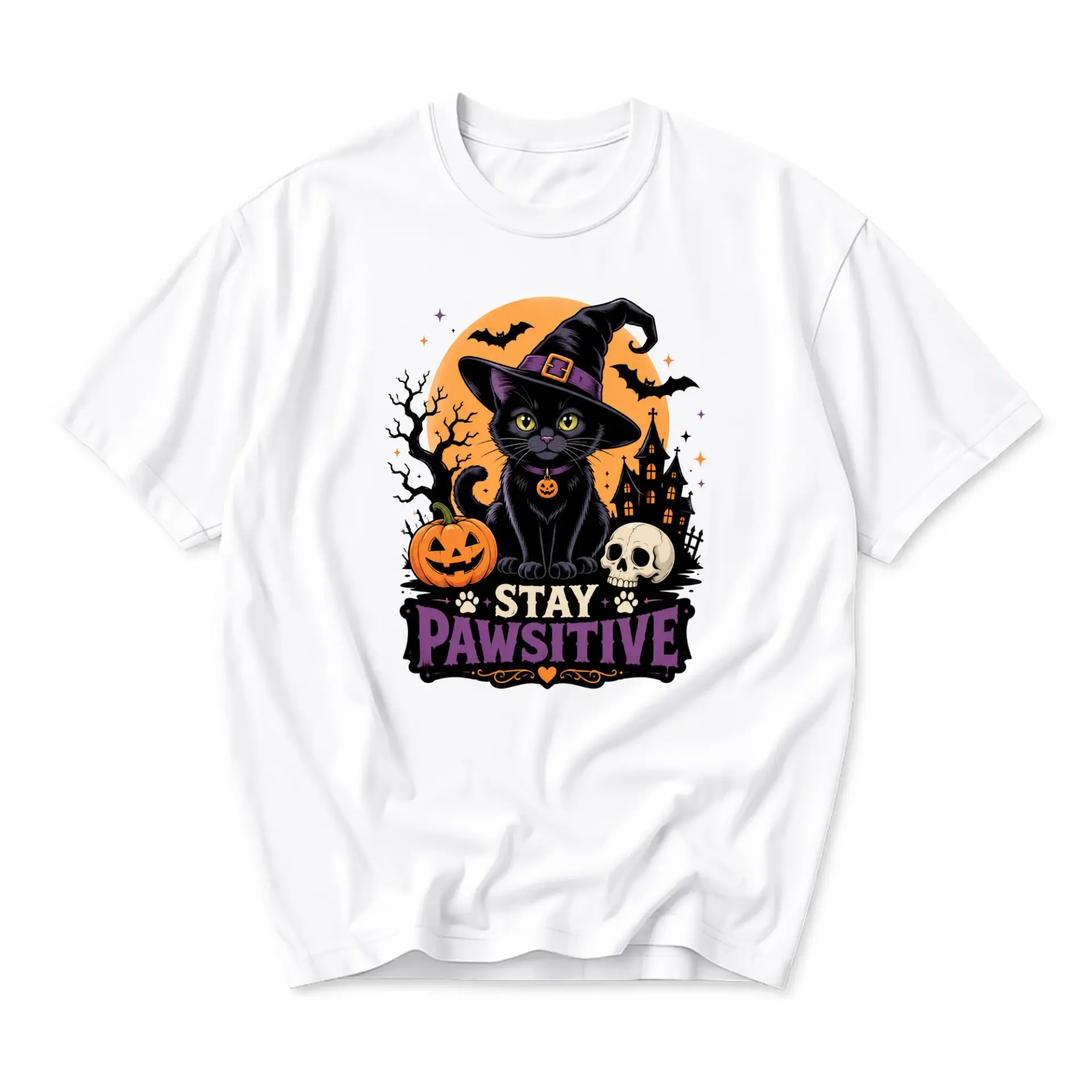 Funny Shirt Stay Pawsitive Graphic Tee Black Cat Witch Hat Halloween Print Unisex Cotton Crew Neck Casual Top White