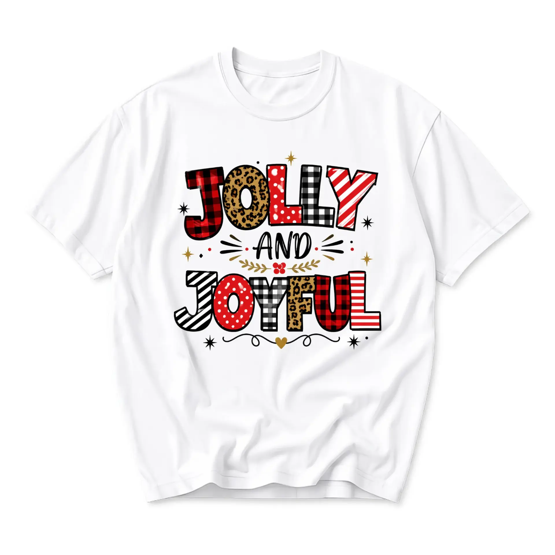 Graphic Tee Jolly and Joyful Holiday Seasonal Shirt Featuring Festive Patterned Letters on Soft Cotton Unisex Apparel