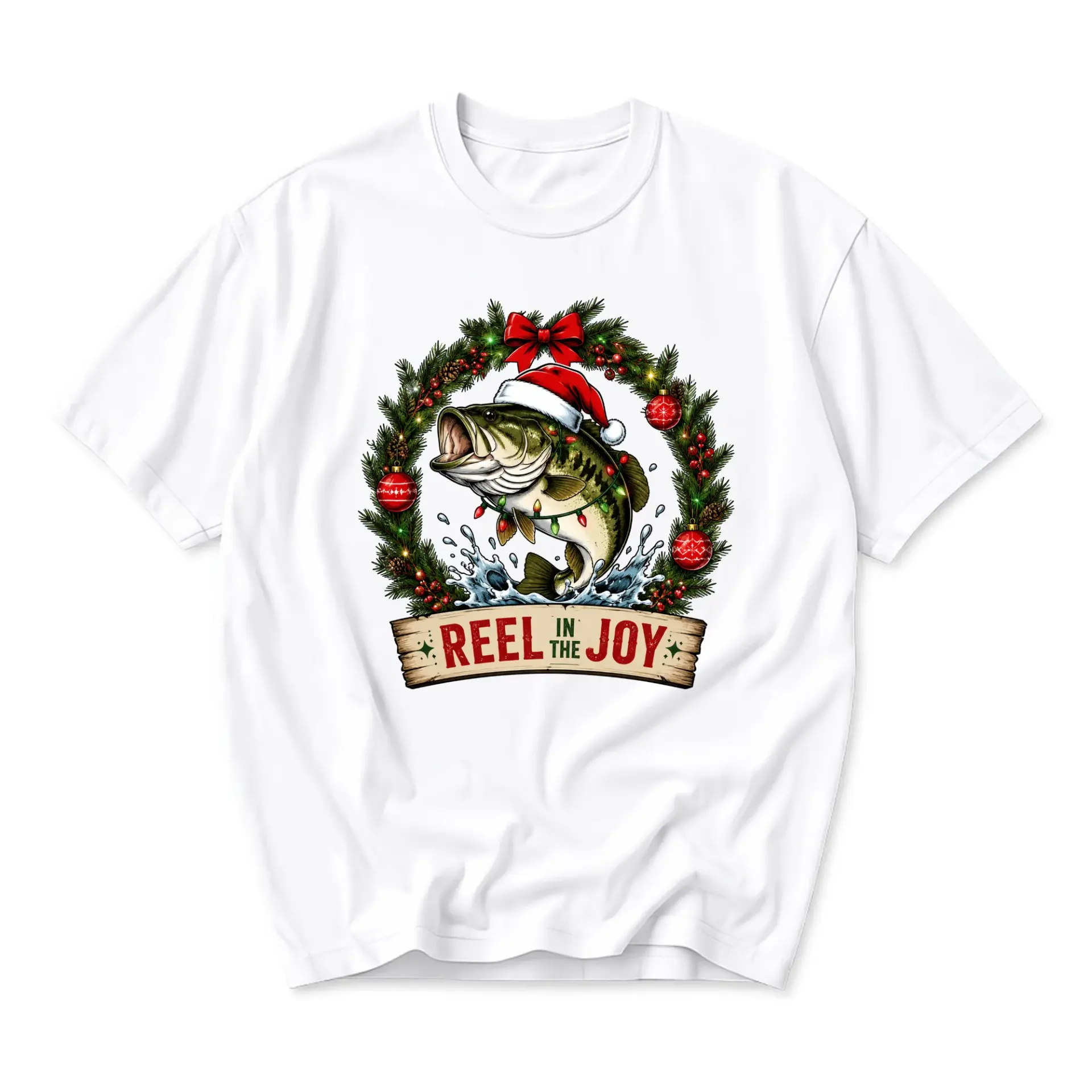Funny Shirt Reel in the Joy Fishing Christmas Graphic Tee Holiday Season Unisex Casual Crew Neck Apparel for Anglers