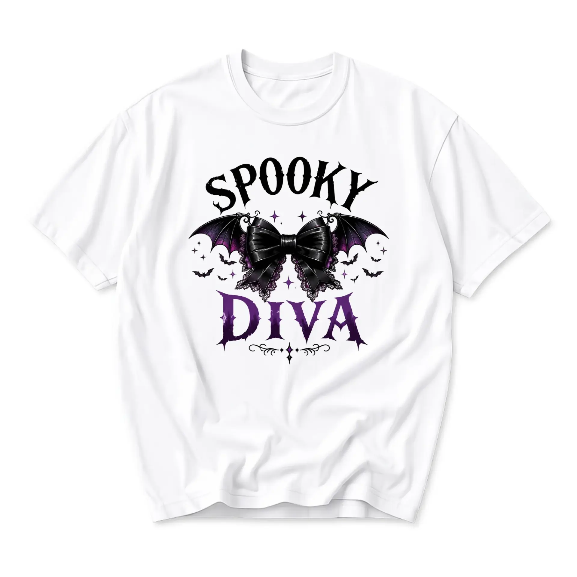 Graphic Tee Spooky Diva Bat Bow Design Unisex Crew Neck Shirt for Casual Everyday Wear and Unique Personal Expression