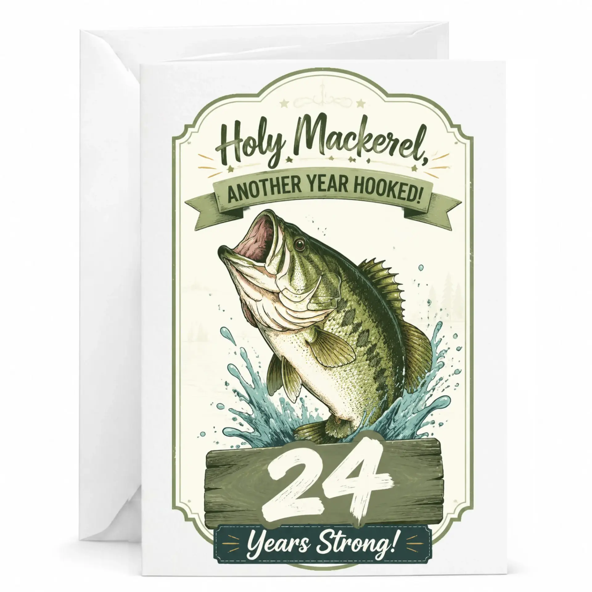 Funny Fishing Birthday Card, Holy Mackerel Another Year Hooked 24 Years Strong Fisherman Greeting Card with Envelope