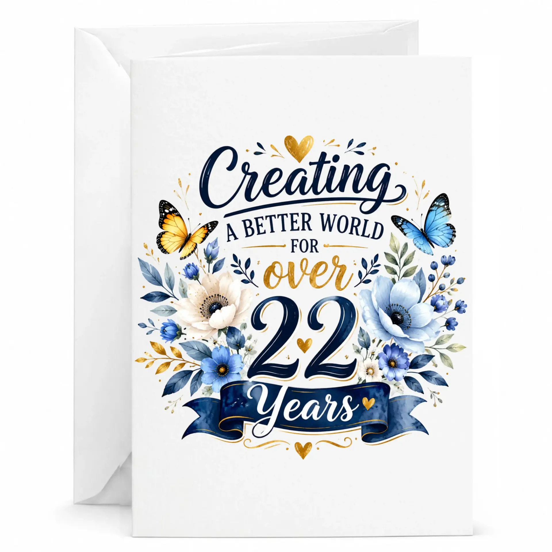 Greeting Card for 22nd Anniversary Milestone Celebration with Elegant Butterfly and Floral Watercolor Illustration