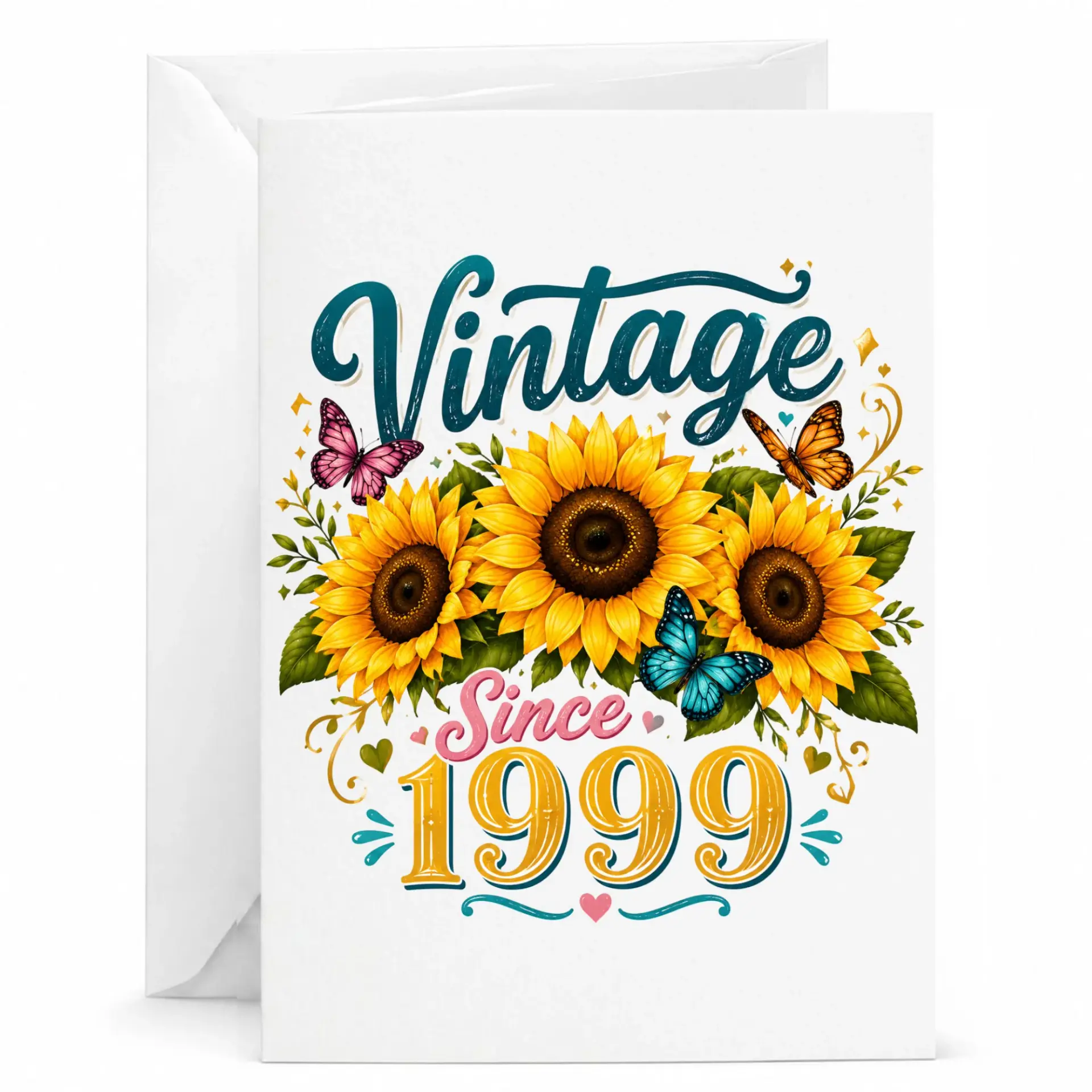 Greeting Card Vintage Since 1999 Sunflower Butterfly Floral Design Birthday Anniversary Celebration Note Card