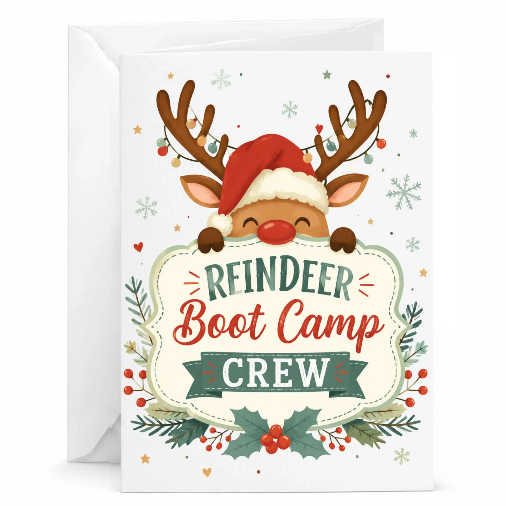 Funny Reindeer Boot Camp Crew Holiday Greeting Card with Envelope, Festive Winter Season Christmas Note Card