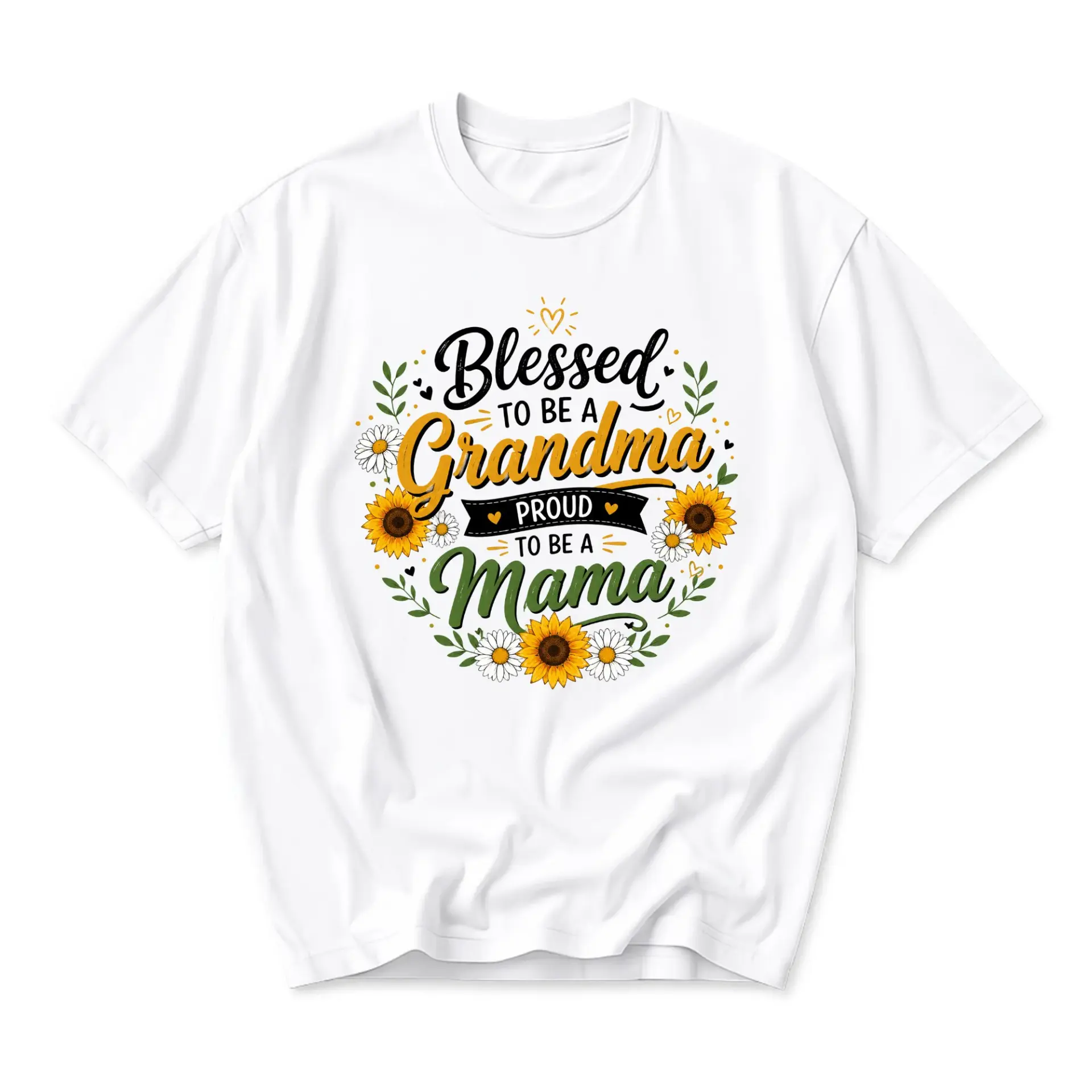 Graphic Tee Blessed to Be a Grandma Proud to Be a Mama Sunflower Floral Print Unisex Crew Neck Casual Cotton Shirt