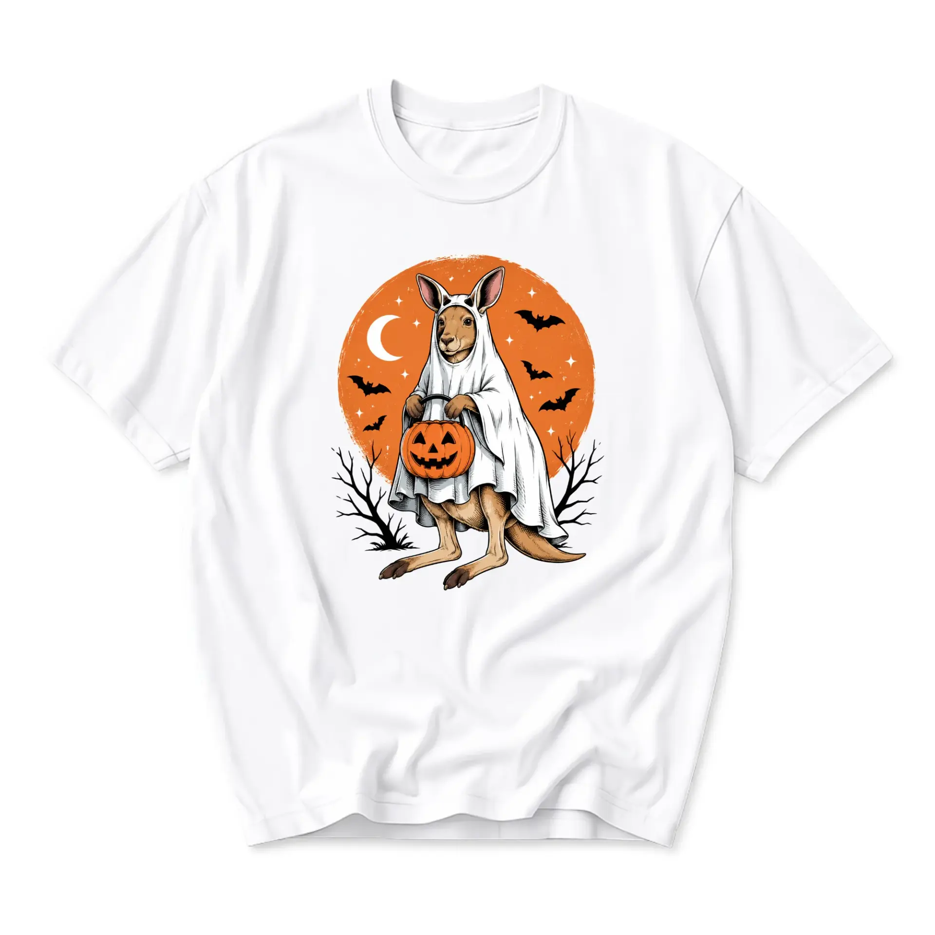 Graphic Tee Unisex Crew Neck Short Sleeve Shirt Featuring a Cute Ghost Kangaroo Wearing a Halloween Costume Design