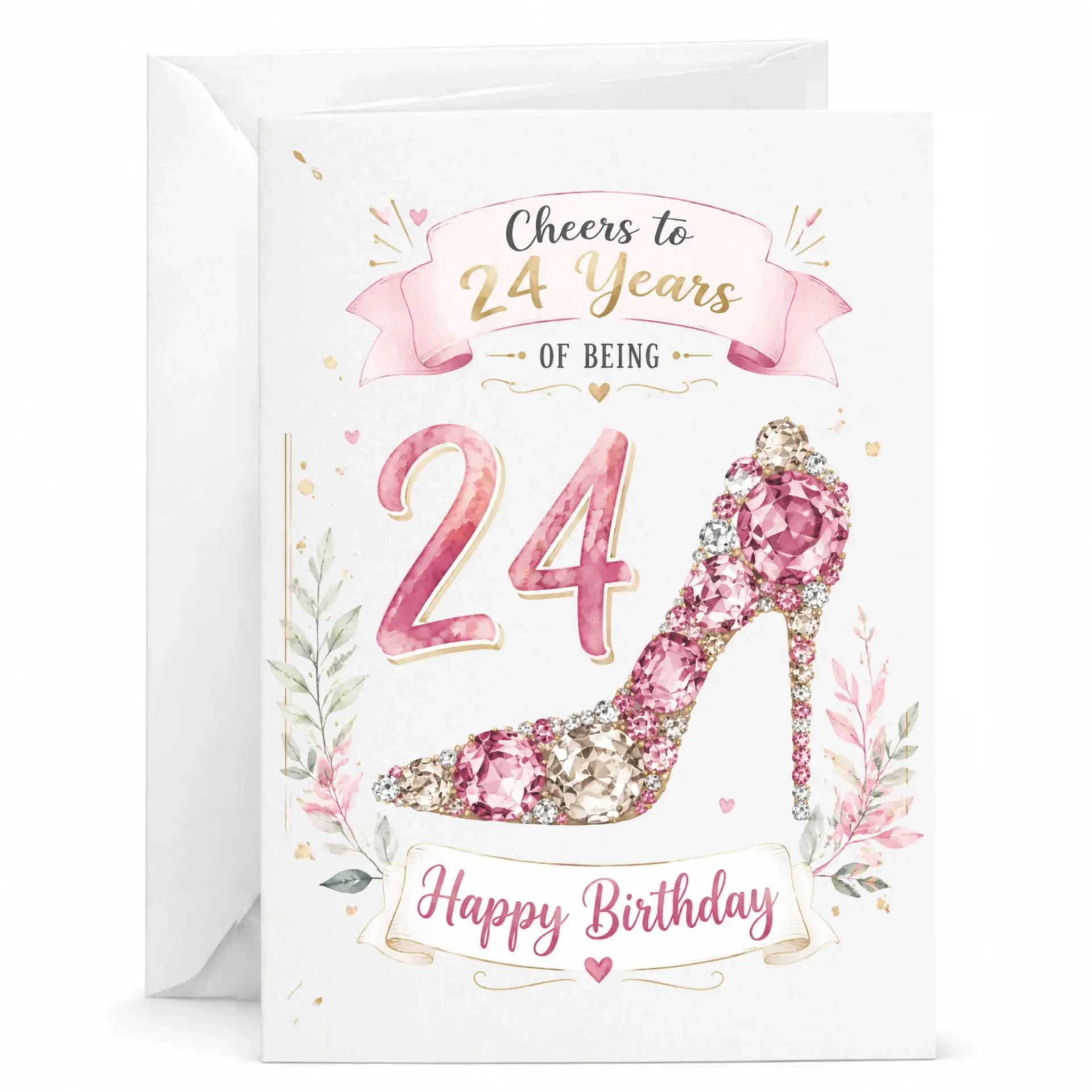 Birthday Card for Her 24th Birthday Greeting Card with Elegant Pink Gemstone High Heel Shoe Design 5x7 Inch Folded