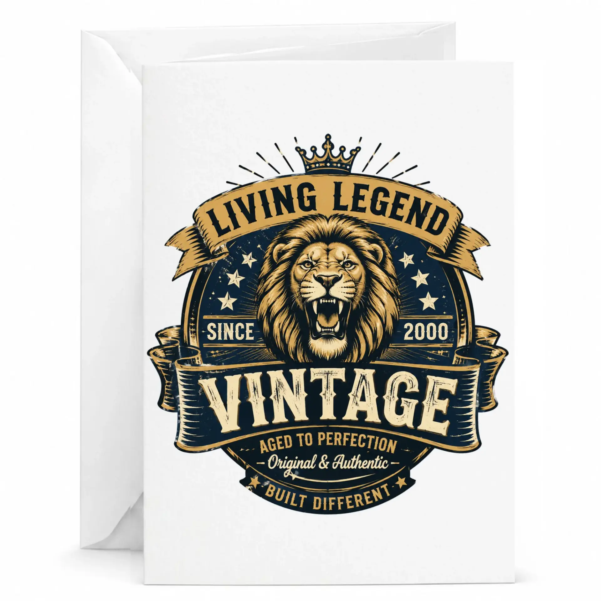 Living Legend Vintage Since 2000 Greeting Card for Birthday and Anniversary, Masculine Lion Crest Design Folded Note