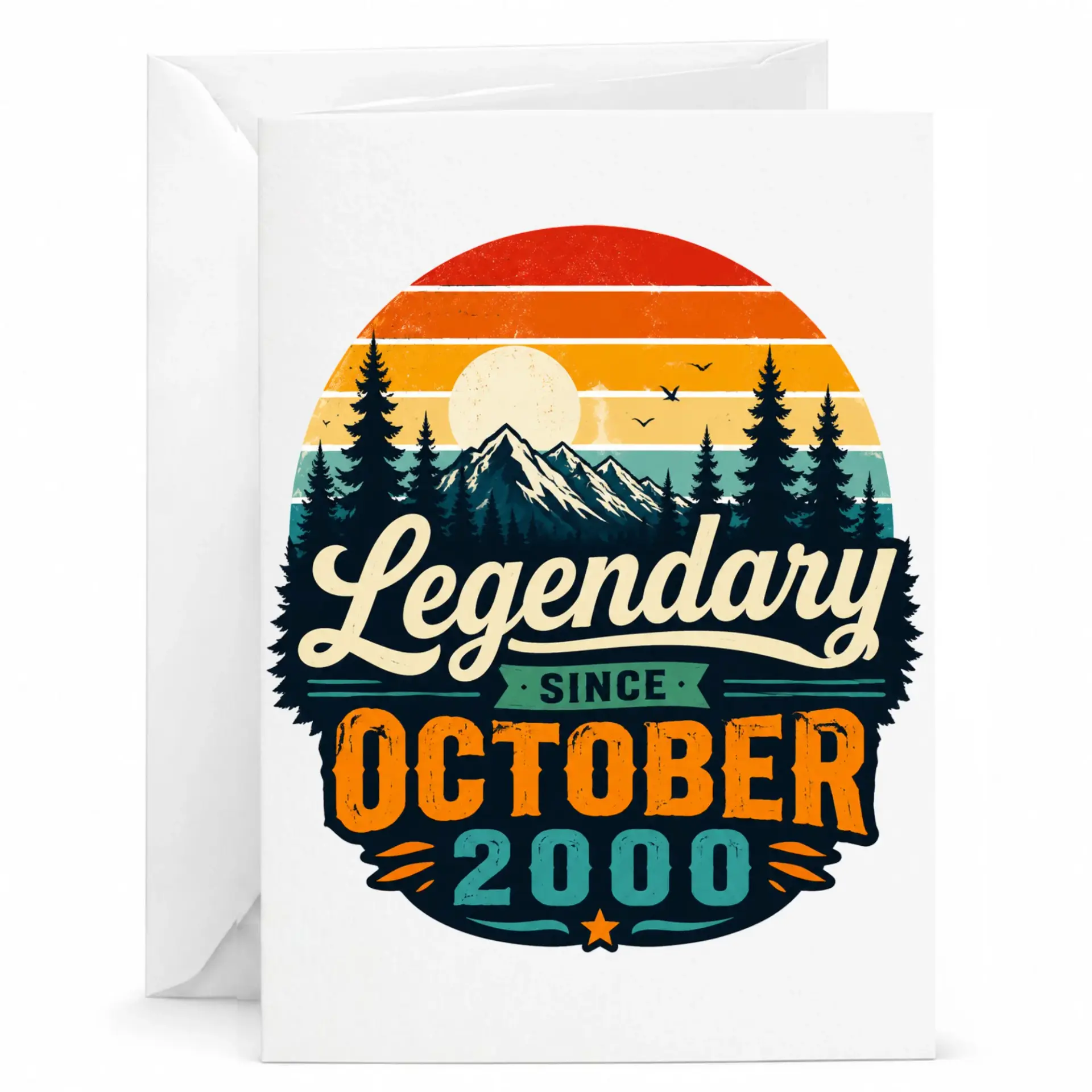 Birthday Card Legendary Since October 2000 Vintage Sunset Mountain Graphic Greeting Card for Milestone Celebration