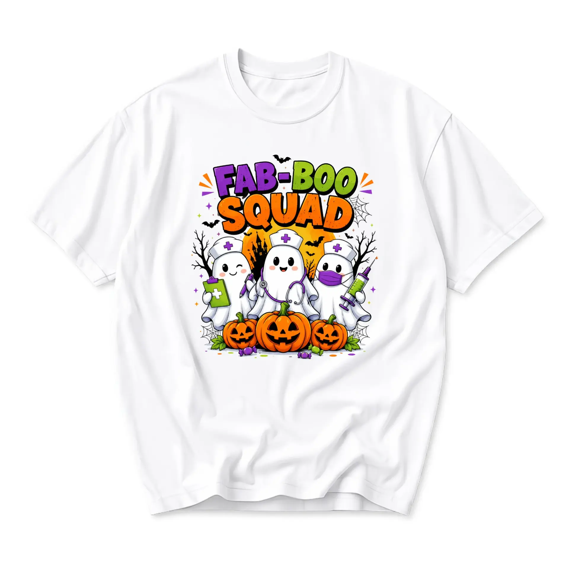 Funny Shirt Fab-Boo Squad Ghost Nurse Halloween Graphic Tee for Casual Wear and Festive Seasonal Holiday Outfits