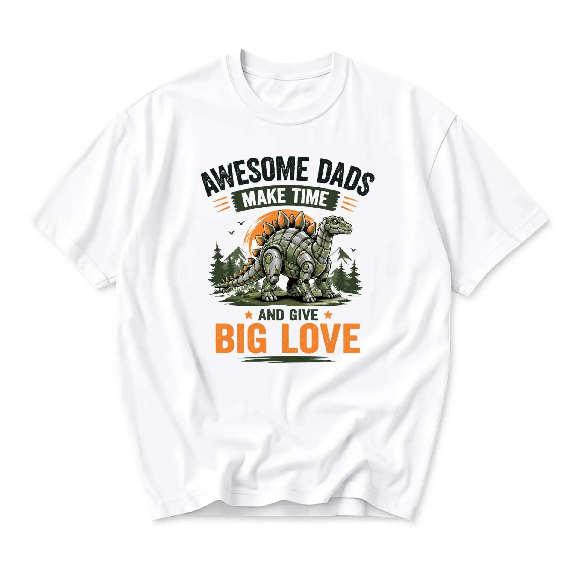 Graphic Tee Awesome Dads Make Time and Give Big Love Dinosaur Illustration Casual Unisex Crew Neck Cotton Shirt