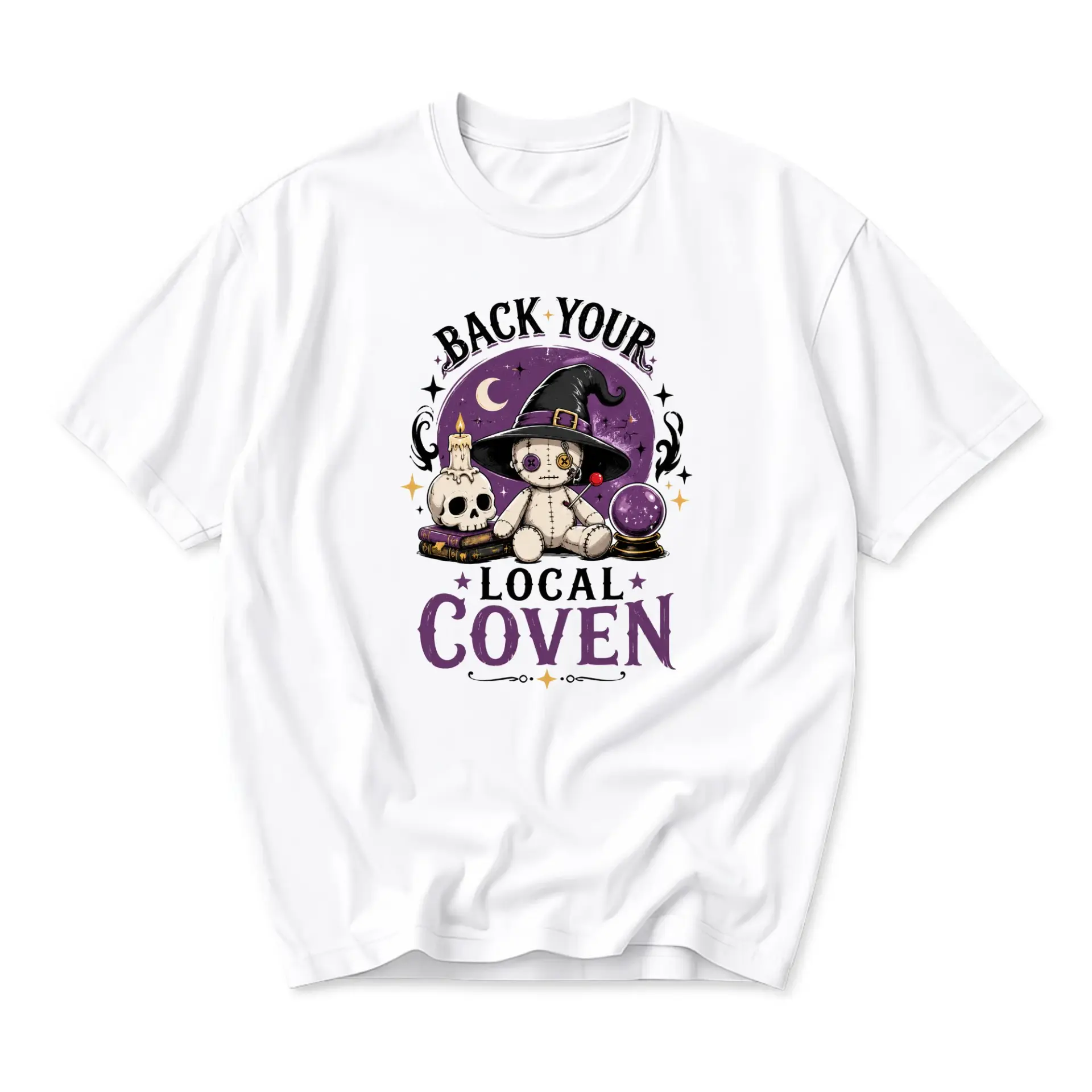 Graphic Tee Back Your Local Coven Witch Voodoo Doll Illustration Unisex Casual Crew Neck Short Sleeve Cotton Shirt