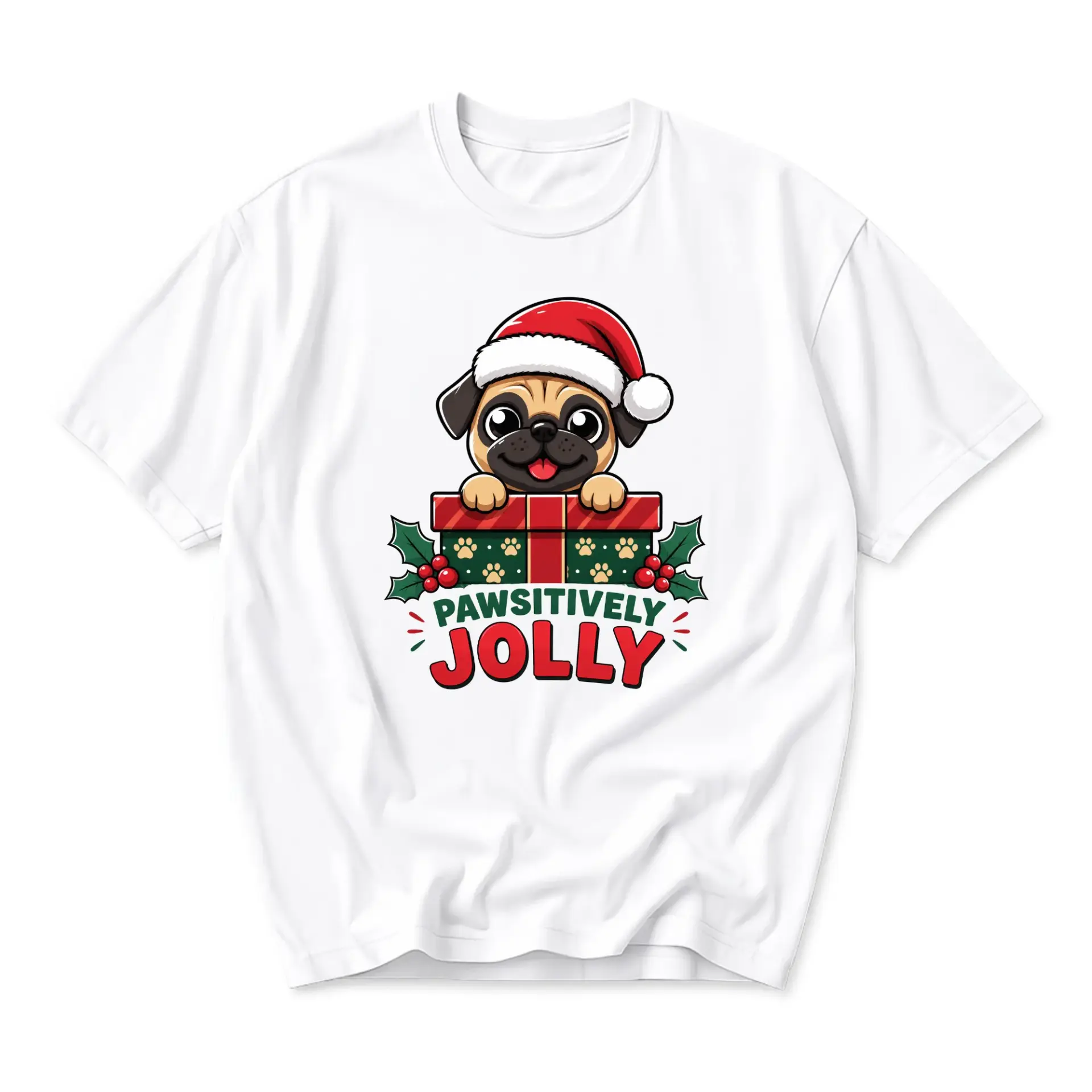 Funny Shirt Pawsitively Jolly Graphic Tee Holiday Crew Neck Unisex Casual