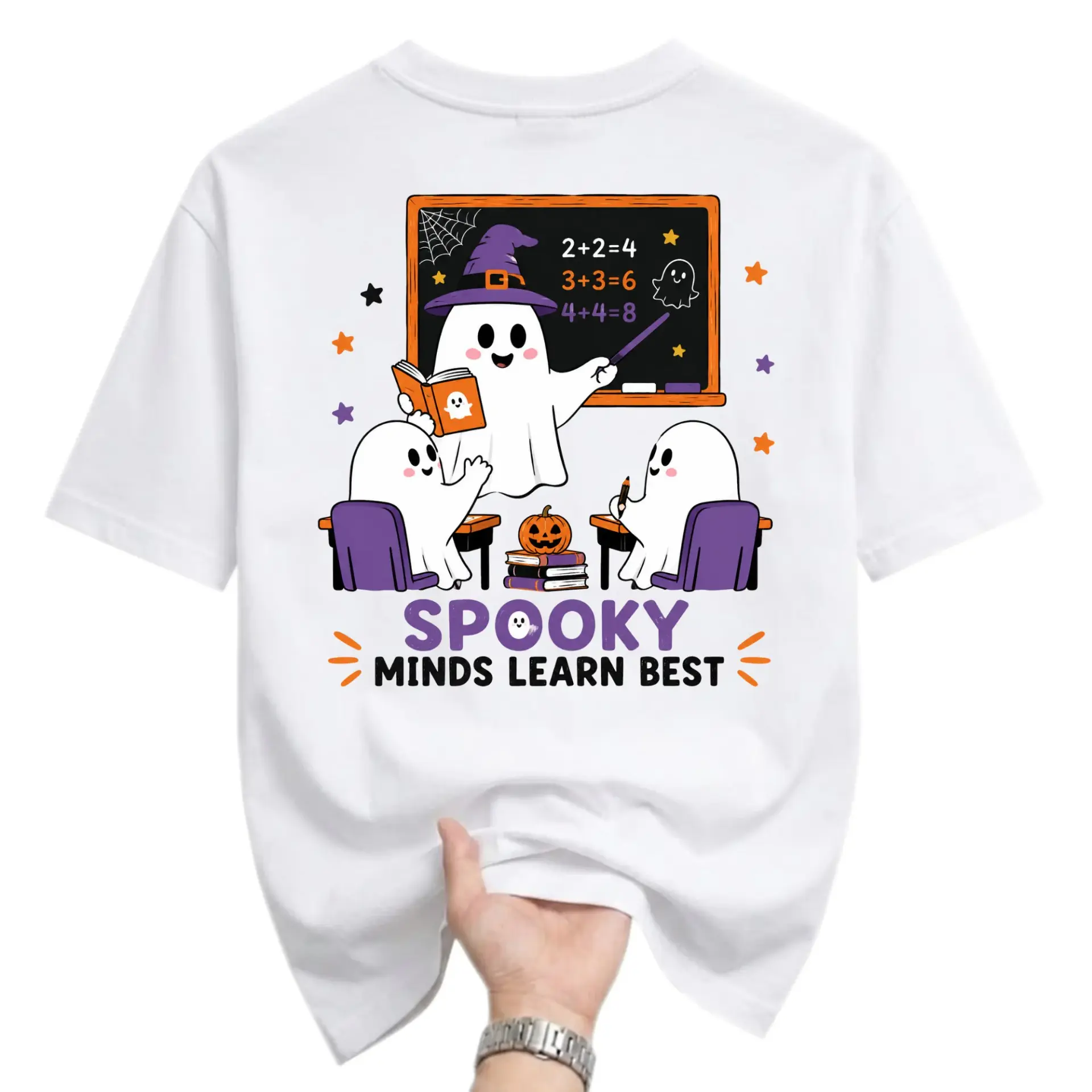 Funny Shirt Spooky Minds Learn Best Graphic Tee Cute Ghost Classroom Illustration Casual Unisex Crew Neck T-Shirt