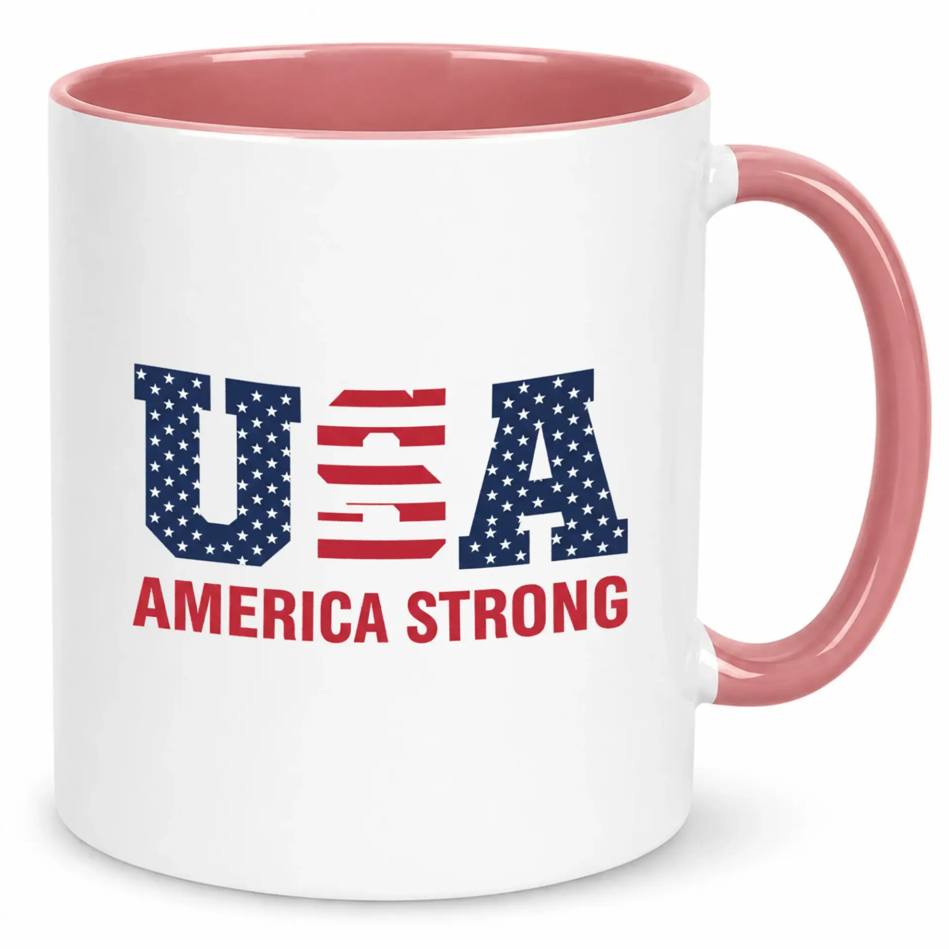 Usa America Strong Patriotic Ceramic Coffee Mug with Flag Design White & Pink Two-Tone Ideal for Daily Use & Gift Giving