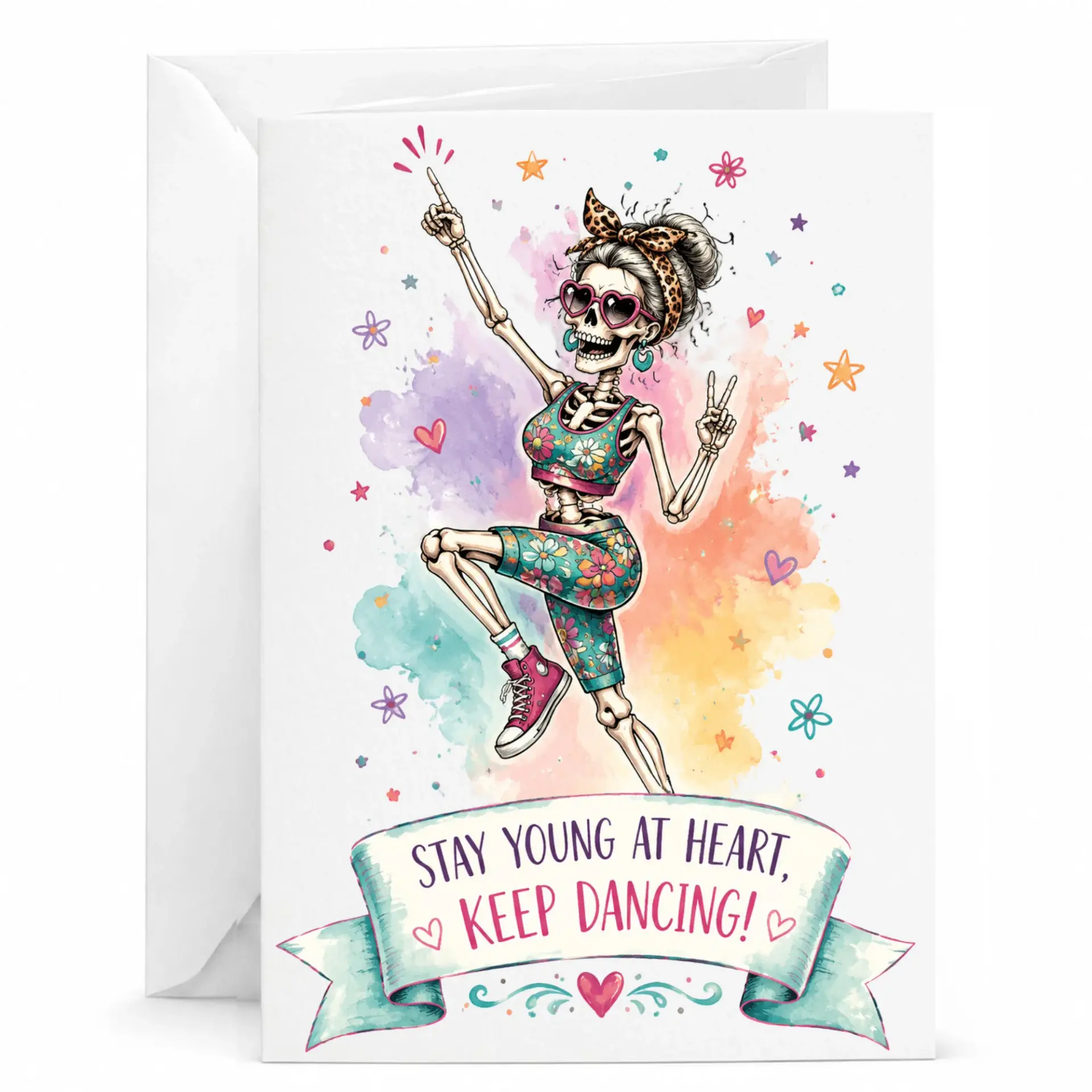 Funny Greeting Card Stay Young at Heart Keep Dancing Skeleton Illustration with Floral Outfit and Colorful Accents