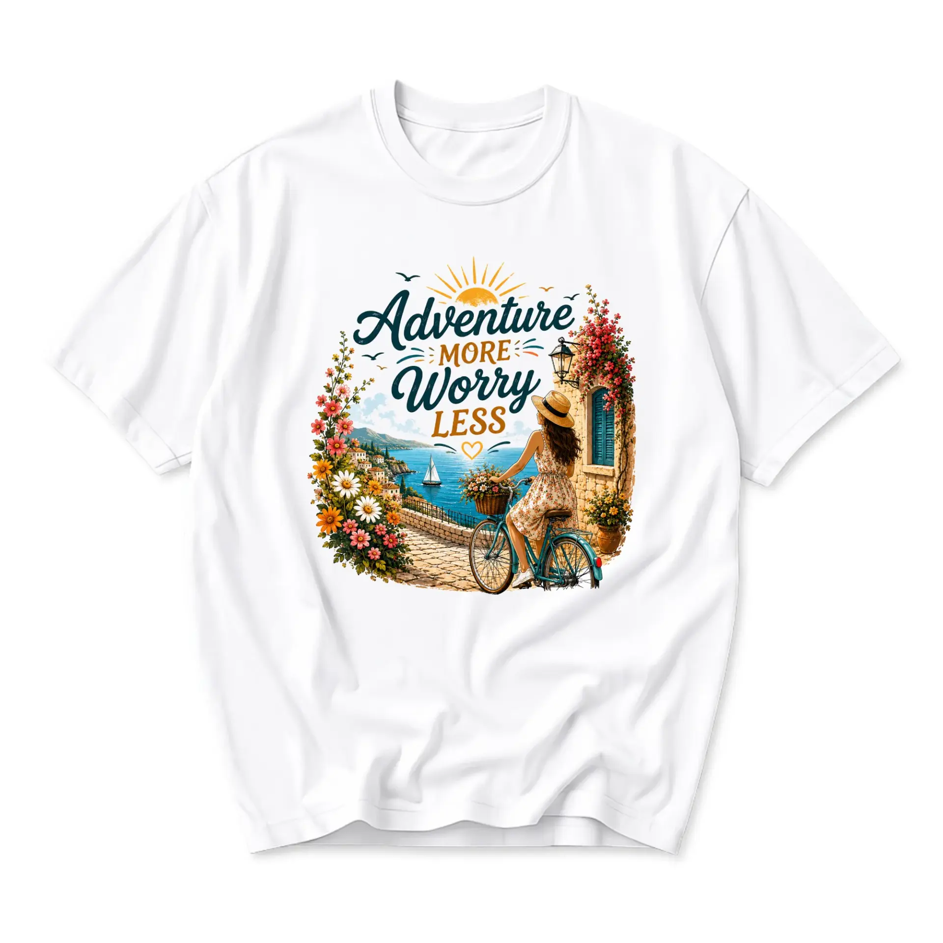 T-shirt Adventure More Worry Less Graphic Tee Coastal Summer Illustration Unisex Casual Crew Neck Comfortable Top