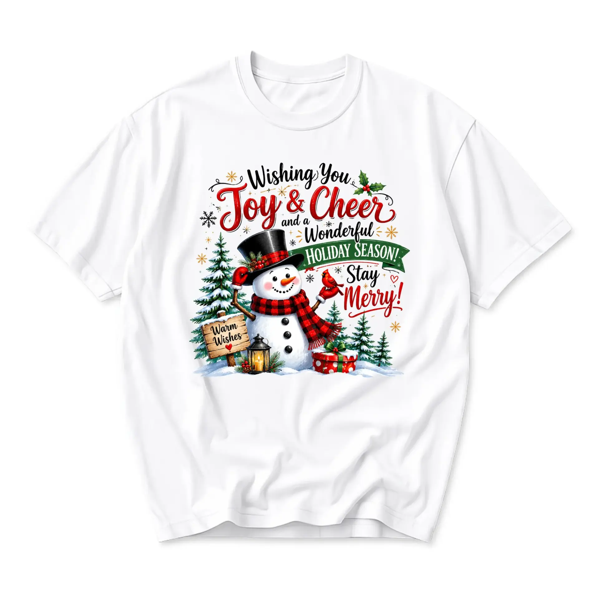 Funny Shirt Wishing You Joy and Cheer Snowman Graphic Print Unisex Crew Neck Holiday Casual Everyday Apparel Tee