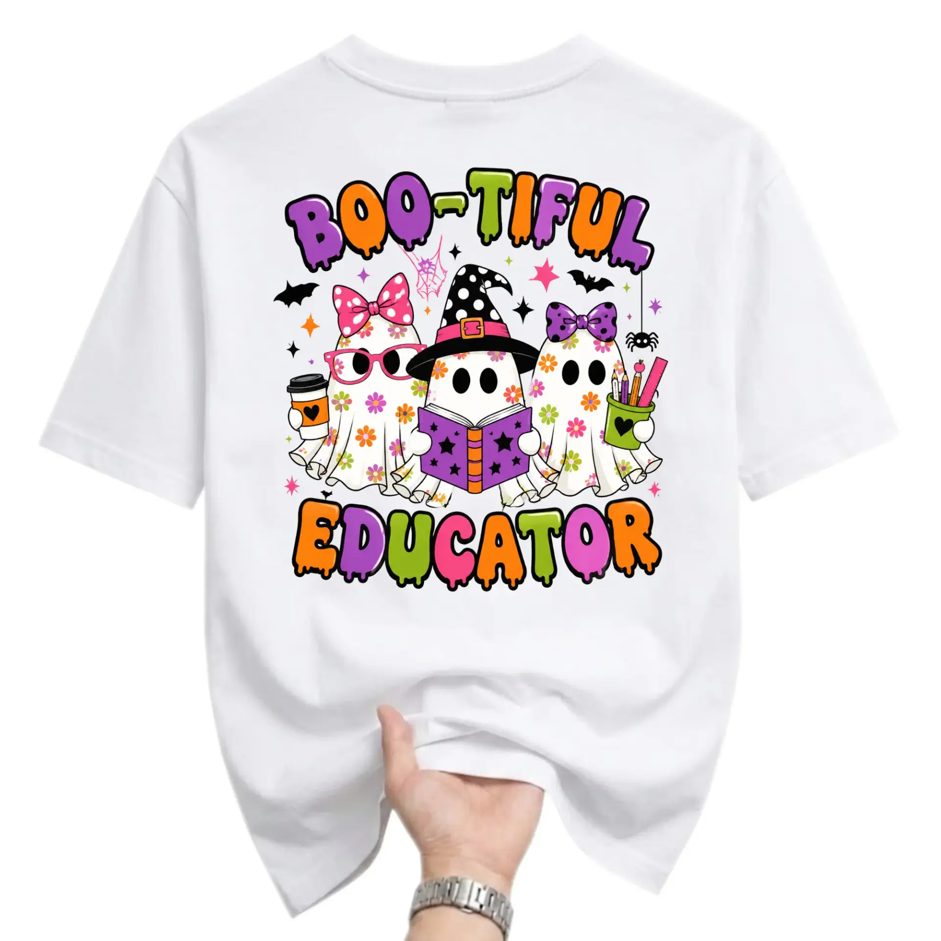 Graphic Tee Boo-Tiful Educator Ghost Print Shirt Funny Halloween Seasonal Crew Neck Unisex Casual Short Sleeve Top