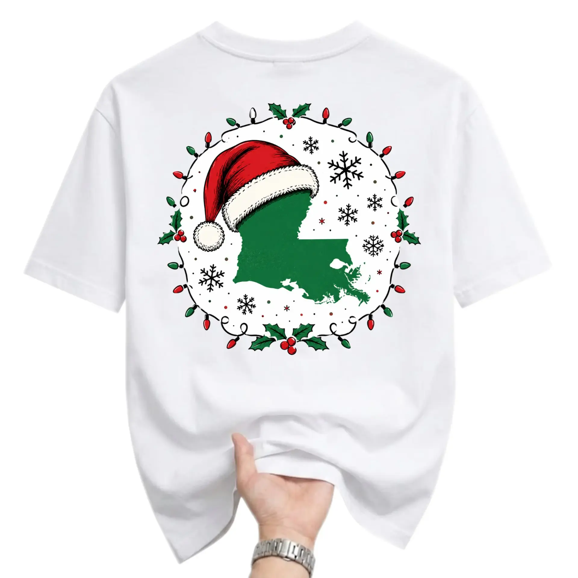 T-shirt Louisiana State Map Holiday Graphic Tee Festive Christmas Ornament Design Unisex Crew Neck Everyday Casual Top