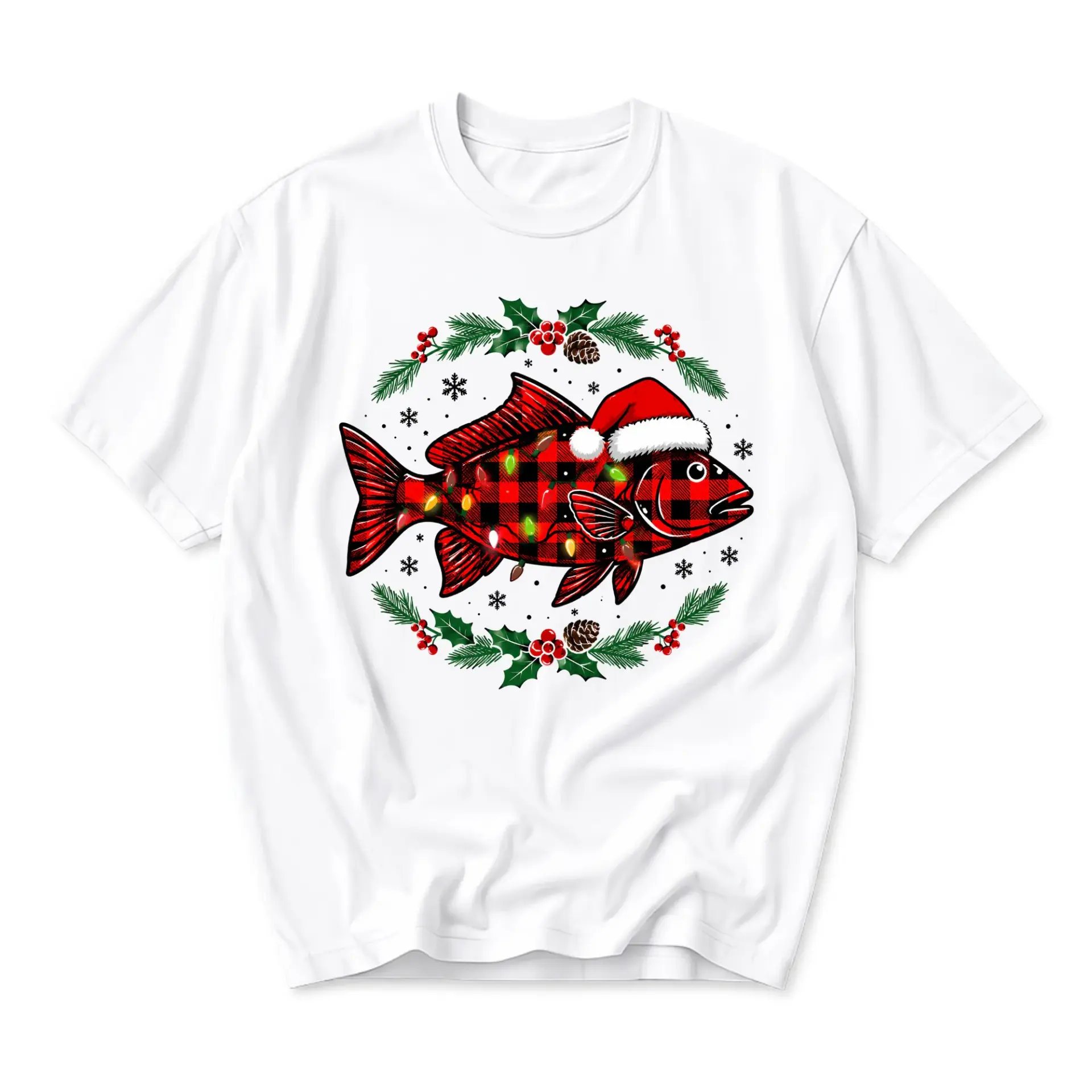 Graphic Tee Unisex Crew Neck Short Sleeve Shirt Featuring a Festive Buffalo with Santa Hat Design