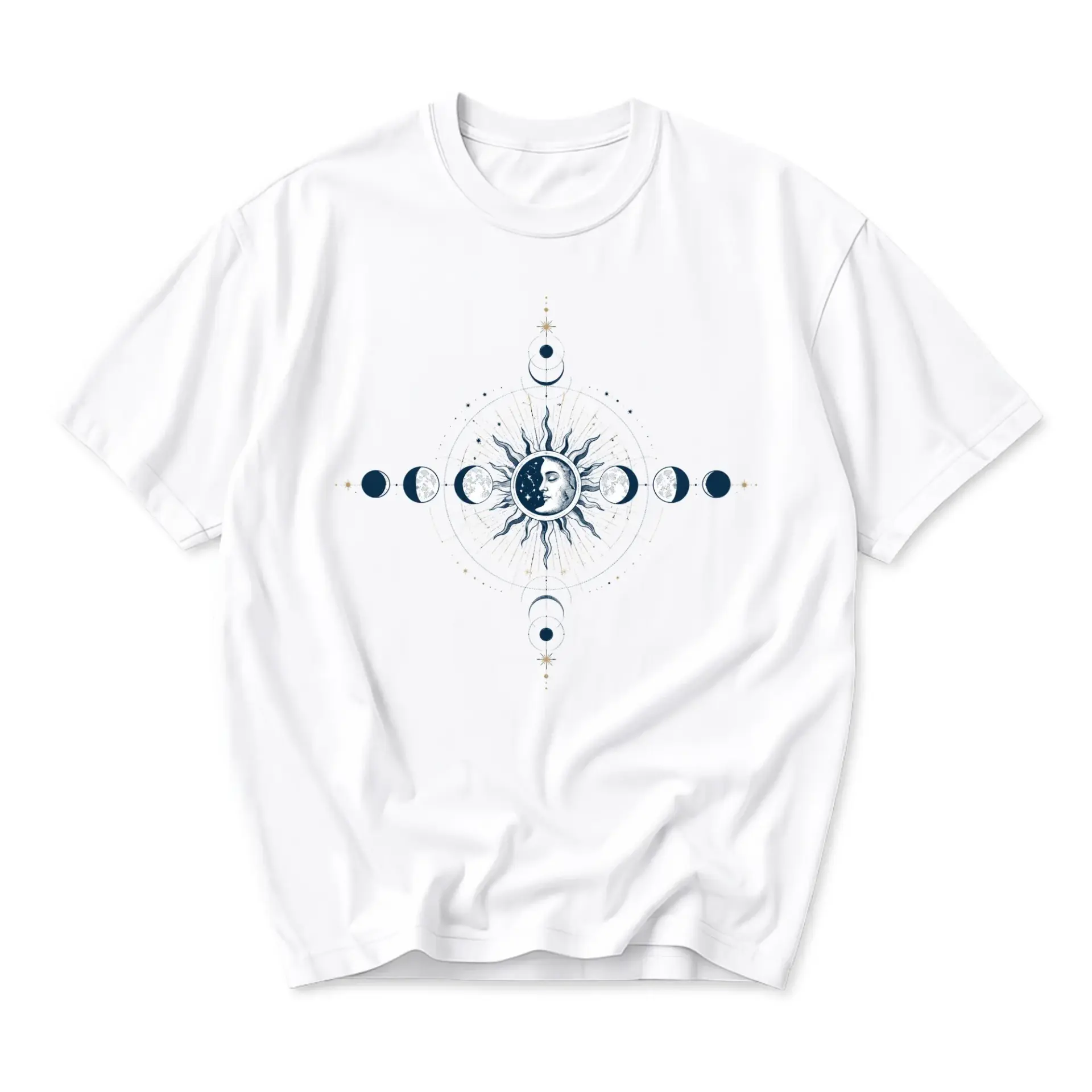 Graphic Tee Celestial Sun and Moon Phases Art Print Unisex Crew Neck Casual Everyday Short Sleeve Cotton Blend Shirt