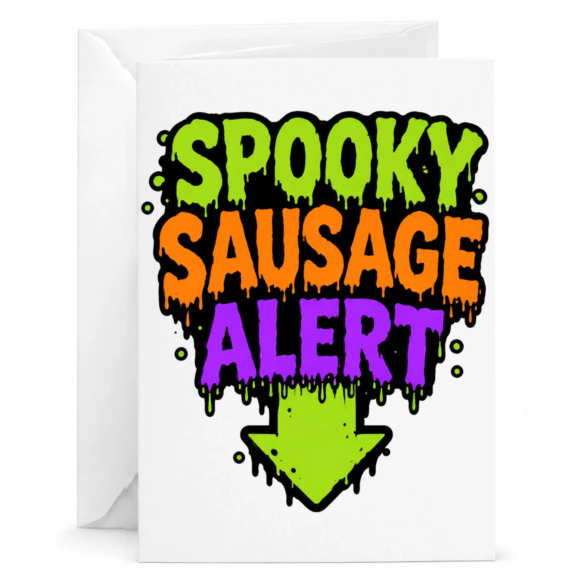 Funny Greeting Card Spooky Sausage Alert Design Humorous Halloween Stationery with Matching White Envelope