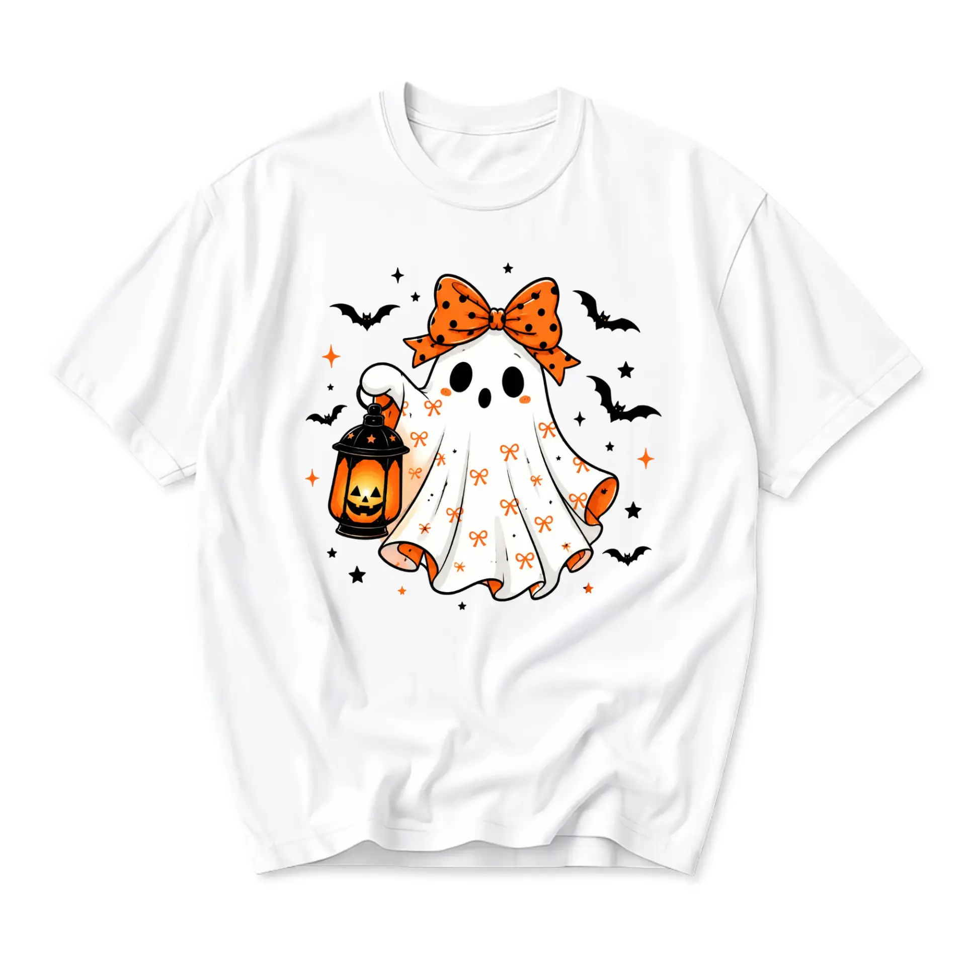 Graphic Tee Ghost with Bow and Lantern Halloween Design Unisex Crew Neck Short Sleeve Casual Cotton Blend Shirt