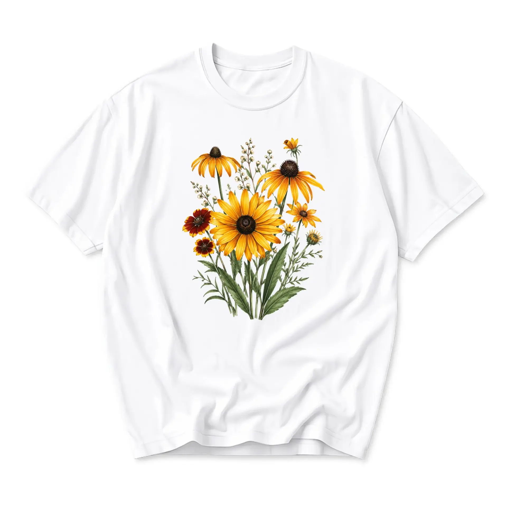 Graphic Tee Unisex Floral Print Shirt Botanical Yellow Sunflower Nature Art Short Sleeve Crew Neck Casual Top