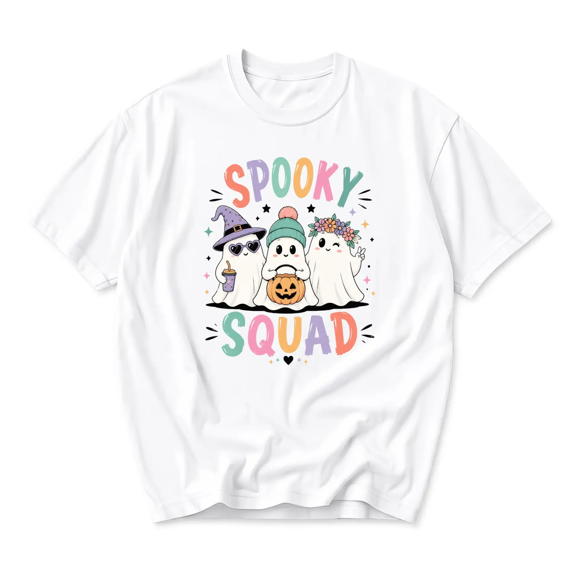 Graphic Tee Spooky Squad Ghost Print Unisex Cotton Crew Neck Casual Shirt for Seasonal Everyday Wear and Fall Outfits