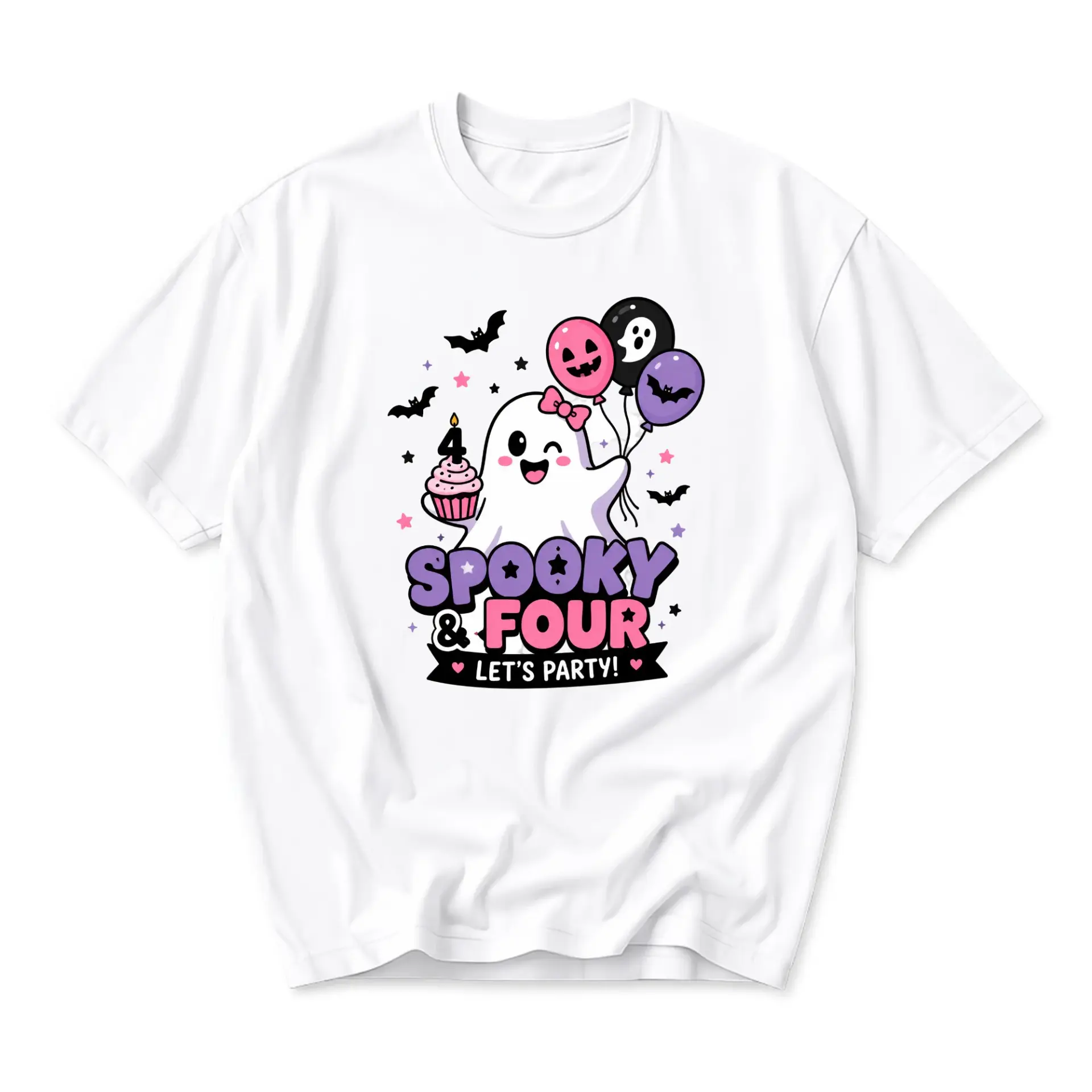 Funny Shirt Spooky and Four Let's Party Cute Ghost Graphic Tee Unisex Casual Crew Neck Comfortable Cotton Blend Top