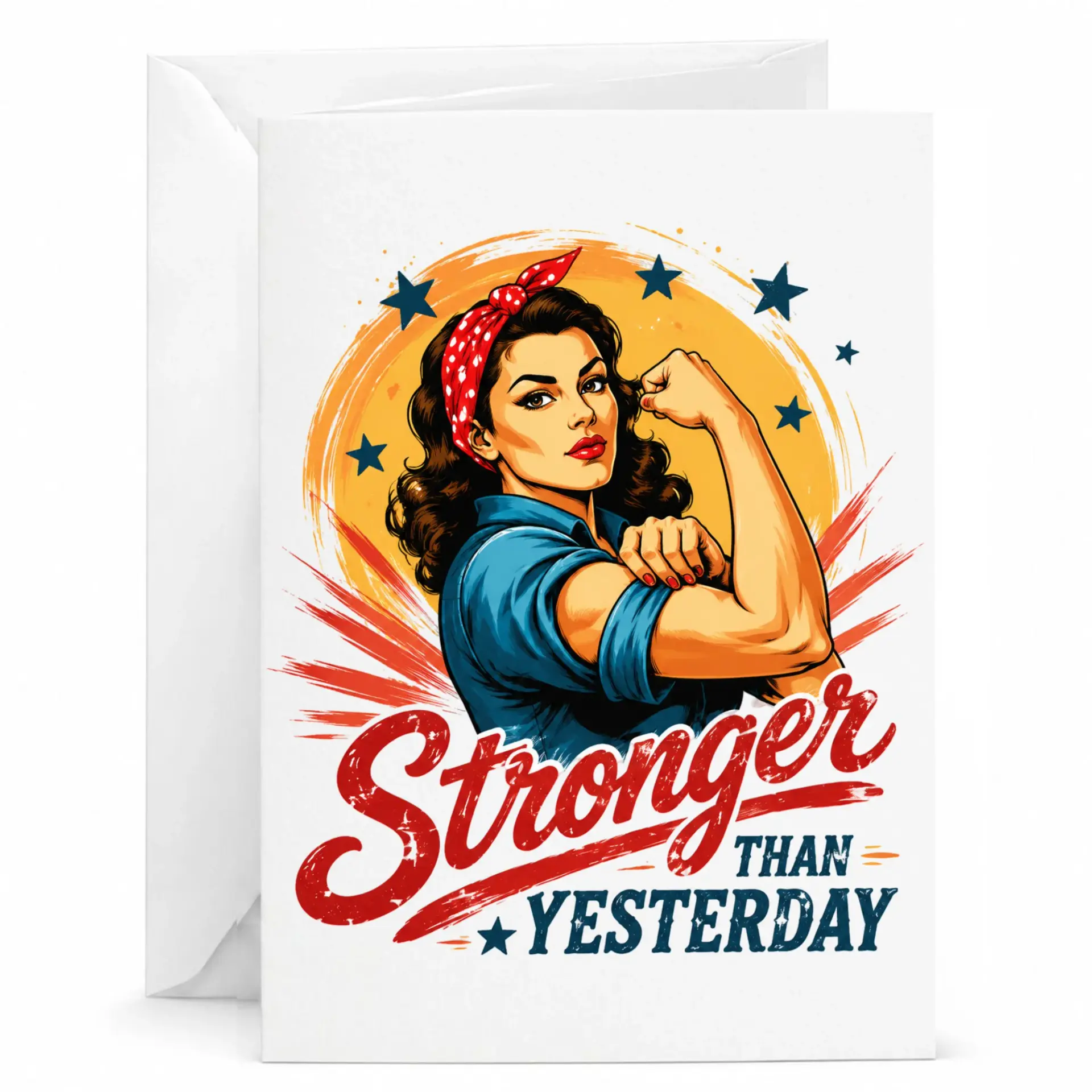 Funny Greeting Card Stronger Than Yesterday Retro Pinup Style Empowering Illustration for Encouragement and Support