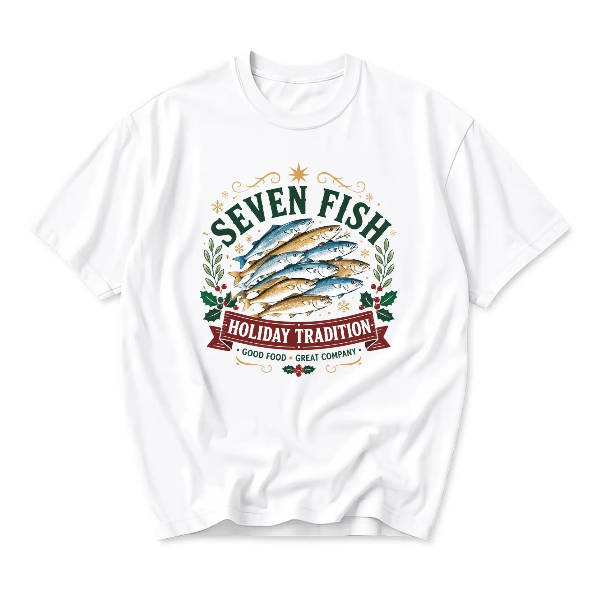 Graphic Tee Seven Fish Holiday Unisex Crew Neck Casual Shirt for Seasonal Celebrations and Events