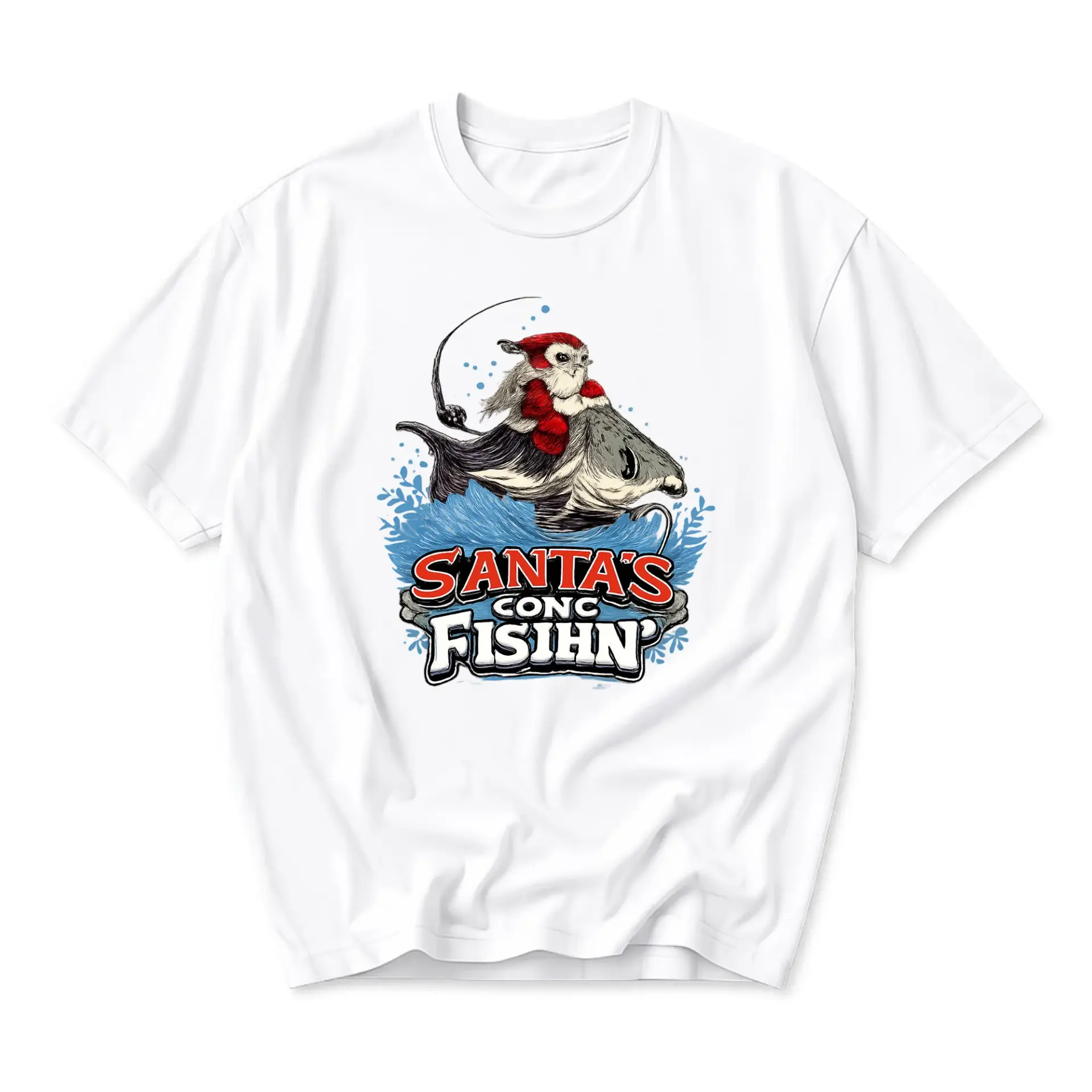 Funny Shirt Santa Fishing Graphic Tee Holiday Humor Unisex Casual Crew Neck Comfortable Cotton Blend Summer