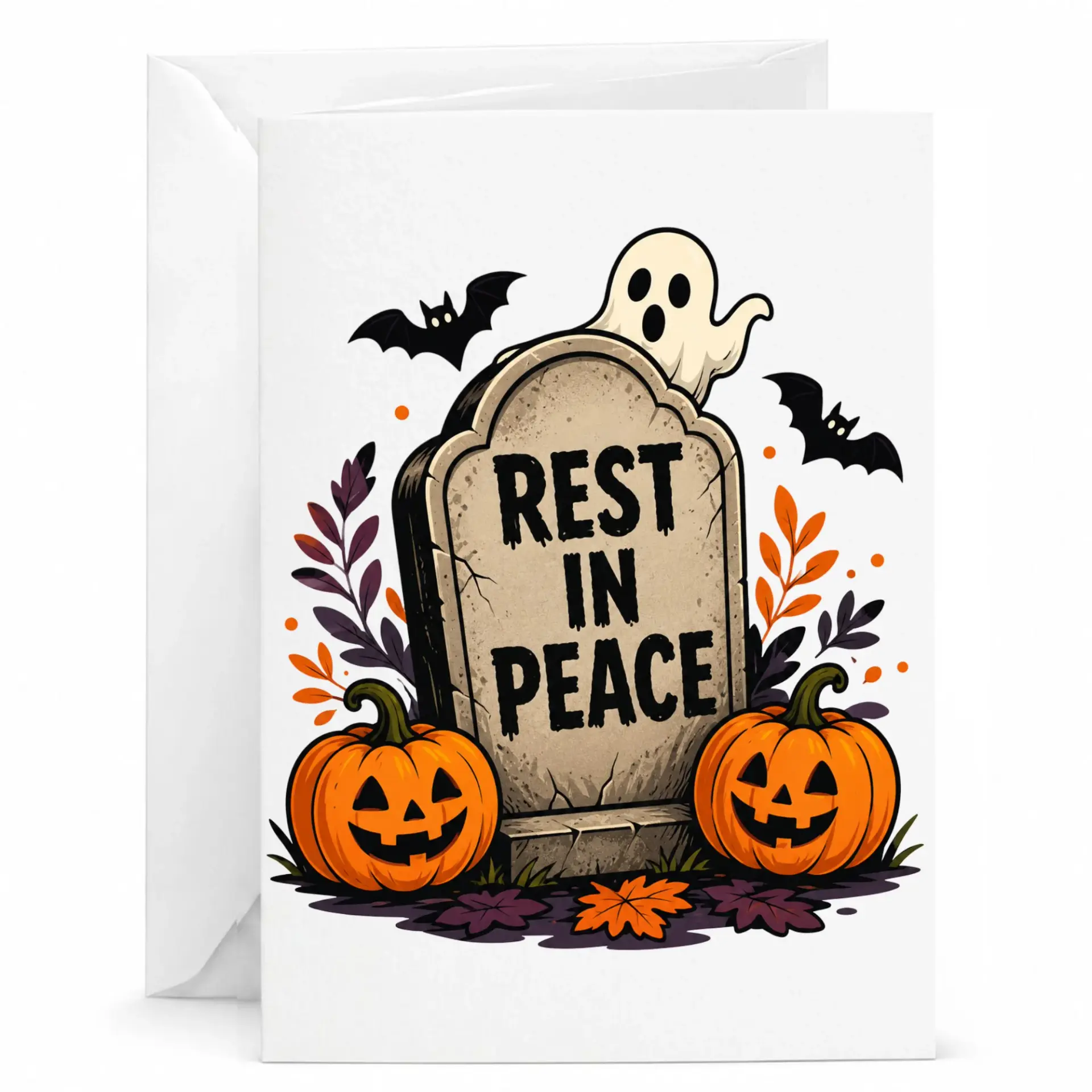 Funny and Pumpkin Halloween Greeting Card Rest in Peace Gravestone Artwork Folded Note with Envelope