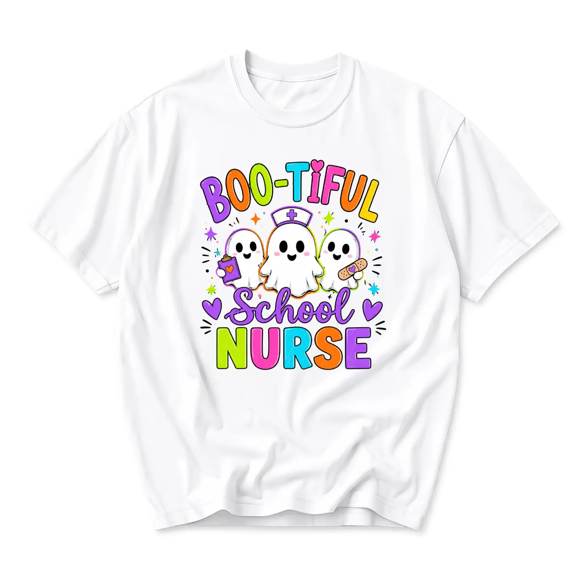 Funny Shirt Boo-Tiful School Nurse Graphic Tee Cute Ghost Medical Professional Seasonal Apparel Unisex Crew Neck