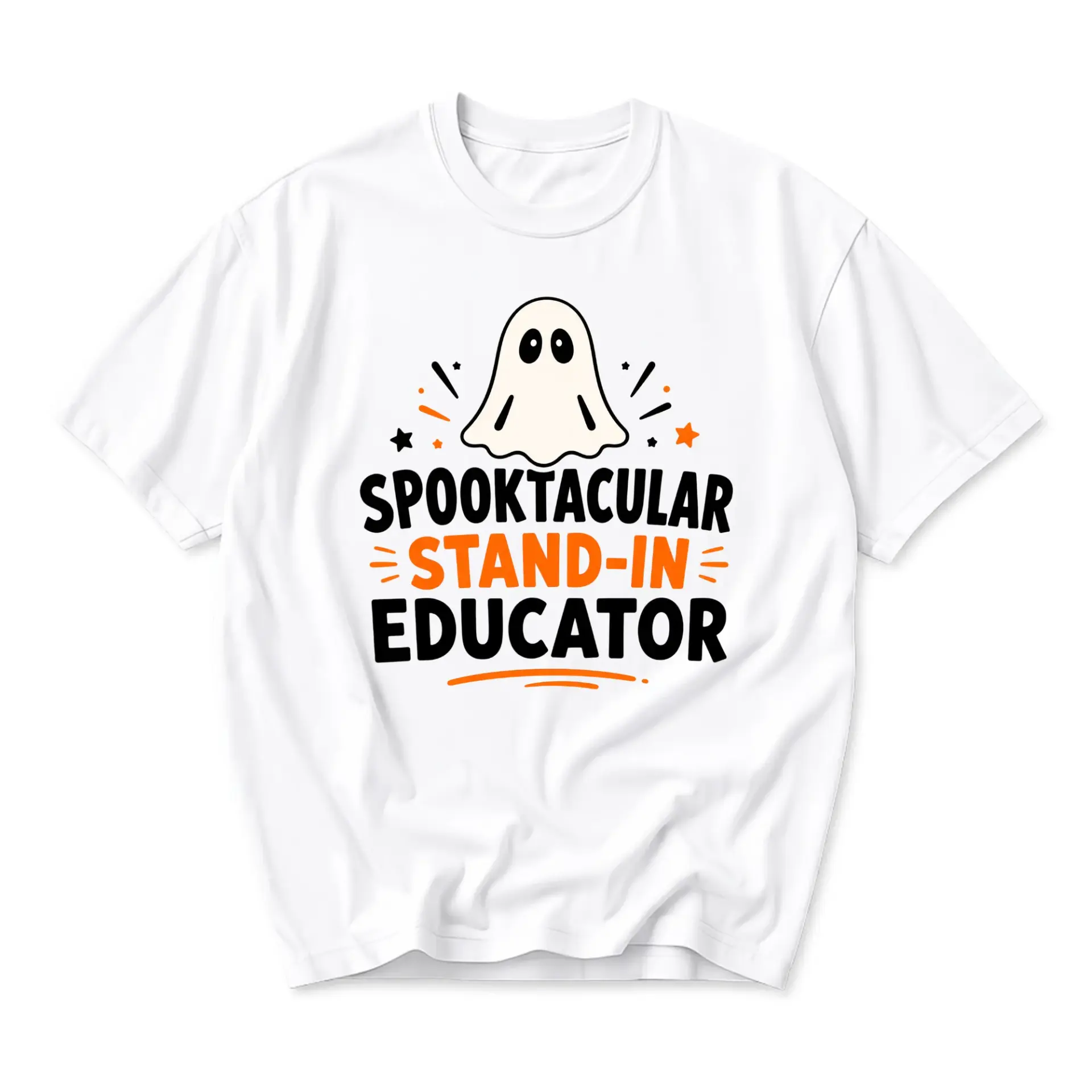 Funny Shirt Spooktacular Stand-In Educator Ghost Graphic Tee Halloween Inspired Unisex Short Sleeve Crew Neck Top