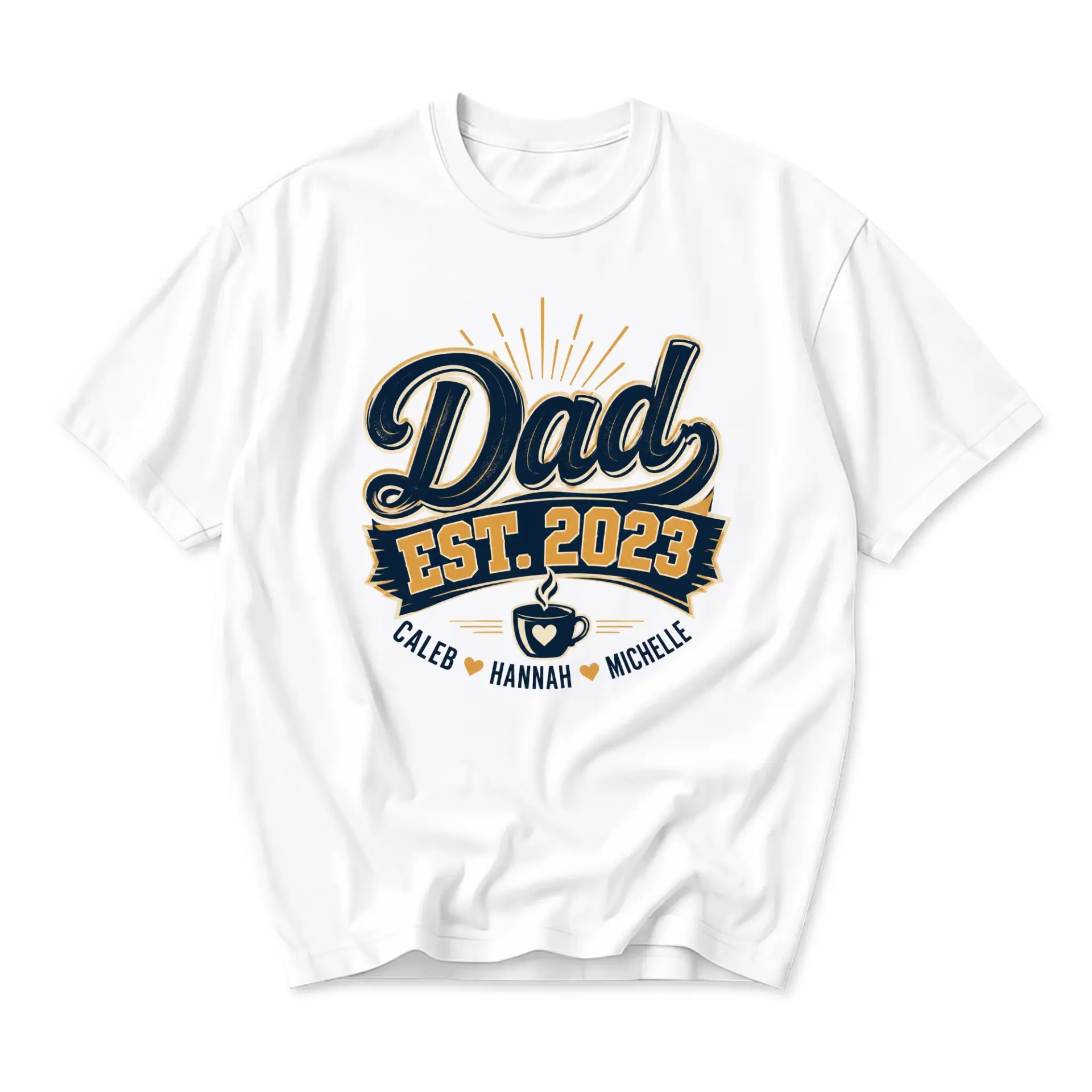 Graphic Tee Dad Est 2023 Personalized Names Coffee Cup Design Unisex Casual Crew Neck Comfortable Soft Cotton Shirt