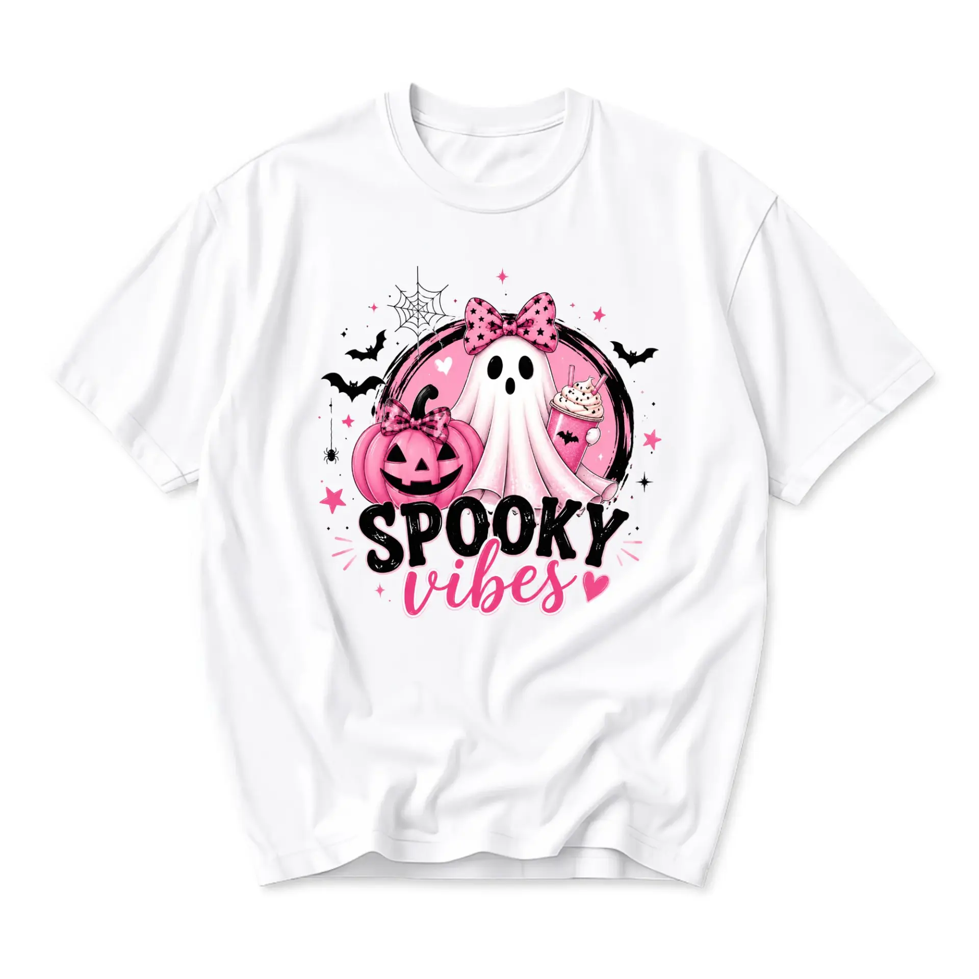 Graphic Tee Spooky Vibes Ghost and Pumpkin Pink Halloween Print Unisex Crew Neck Casual Everyday Short Sleeve Shirt